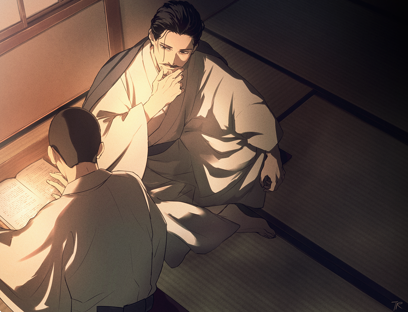 2boys barefoot black_eyes black_hair book character_request closed_mouth commentary_request facial_hair floor from_above full_body goatee golden_kamuy hair_slicked_back indoors japanese_clothes kimono light long_sleeves looking_at_another male_focus multiple_boys mustache no_scar reading short_hair sitting sitting_on_floor tr_(lauralauraluara) tsurumi_tokushirou wide_sleeves younger