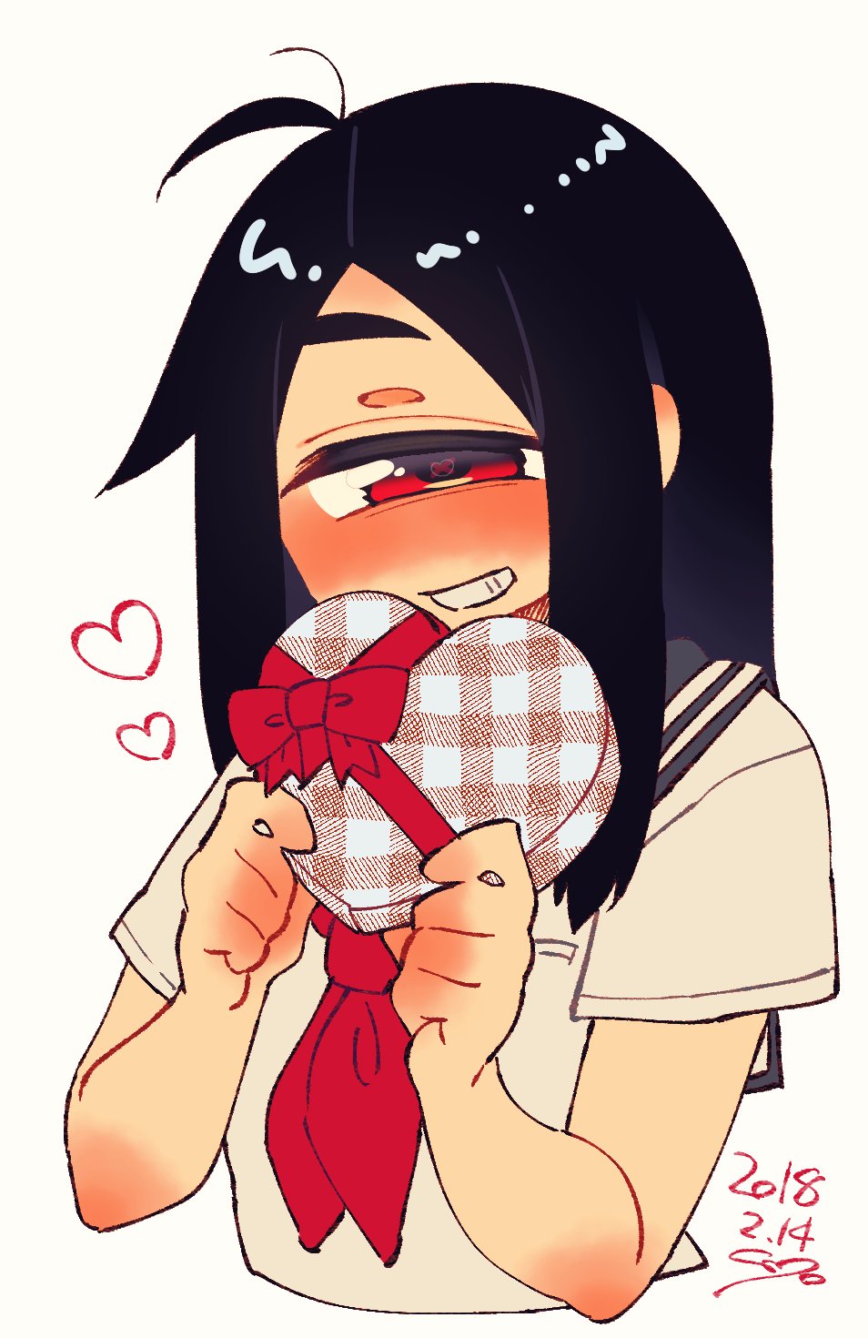 1girl ahoge black_hair blush box cropped_torso cyclops dated grey_sailor_collar grin heart heart-shaped_box highres holding holding_box long_hair looking_at_viewer muku-chan_(muroku) muroku_(aimichiyo0526) neckerchief one-eyed original red_eyes red_neckwear sailor_collar shirt short_sleeves signature simple_background smile solo upper_body valentine white_background white_shirt