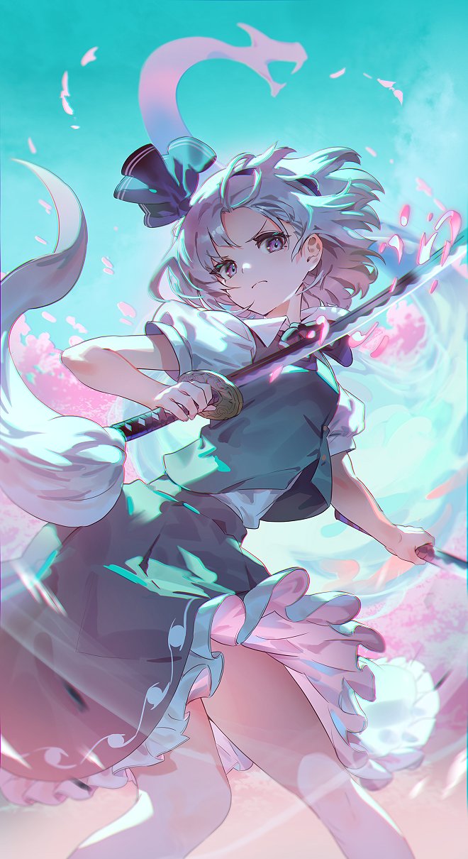 1girl ascot closed_mouth collared_shirt commentary_request dual_wielding frilled_skirt frills green_skirt green_vest grey_eyes hairband highres holding holding_sword holding_weapon katana konpaku_youmu petals puffy_short_sleeves puffy_sleeves shirt short_hair short_sleeves skirt solo sword touhou twisted_torso uu_uu_zan vest wakizashi weapon white_hair wily_beast_and_weakest_creature wind