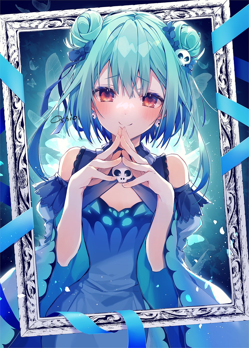 1girl animal_print bangs bare_shoulders blue_dress blush bow breasts butterfly_print detached_sleeves double_bun dress earrings eyebrows_visible_through_hair green_hair hair_ornament highres hololive jewelry long_hair looking_at_viewer open_mouth oshio_(dayo) red_eyes ribbon short_hair skull_hair_ornament smile solo uruha_rushia virtual_youtuber