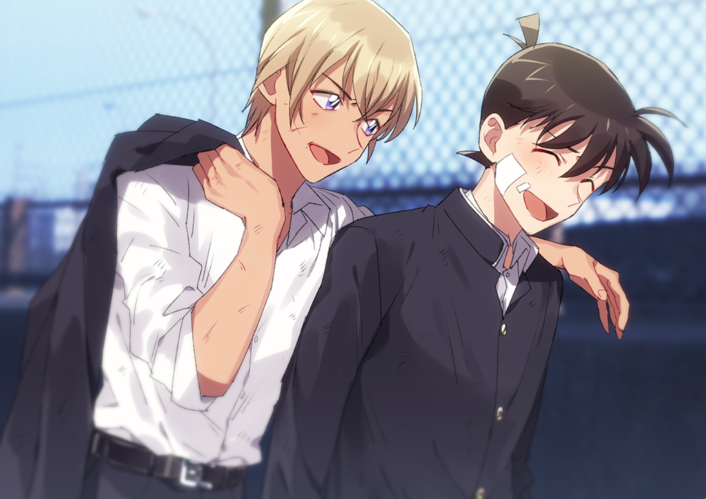 2boys :d ^_^ amuro_tooru bandaid bandaid_on_cheek bandaid_on_face bangs belt black_jacket blonde_hair blue_eyes blurry blurry_background blush brown_hair buttons chain-link_fence closed_eyes collared_shirt commentary_request dirty dirty_clothes dress_shirt fence from_side gakuran grey_pants hair_between_eyes hand_on_another's_shoulder happy jacket jacket_on_shoulders jacket_removed k_gear_labo kudou_shin'ichi laughing long_sleeves looking_at_another male_focus meitantei_conan multiple_boys open_mouth pants school_uniform scratches shirt short_hair sleeves_rolled_up smile standing upper_body what_if white_shirt