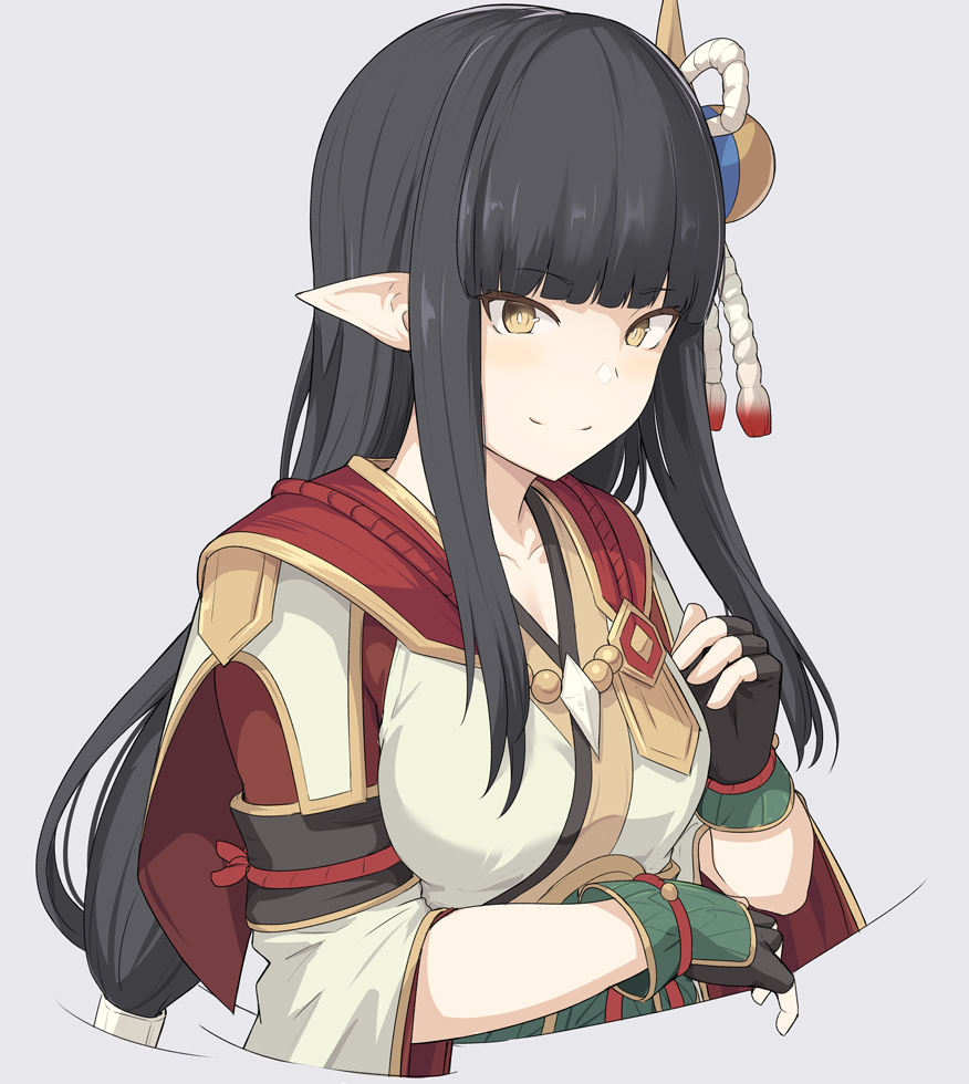 1girl bangs black_gloves black_hair blush breasts fingerless_gloves gloves hair_ornament japanese_clothes long_hair long_sleeves looking_at_viewer medium_breasts minoto monster_hunter monster_hunter_rise pointy_ears shiseki_hirame sidelocks smile yellow_eyes