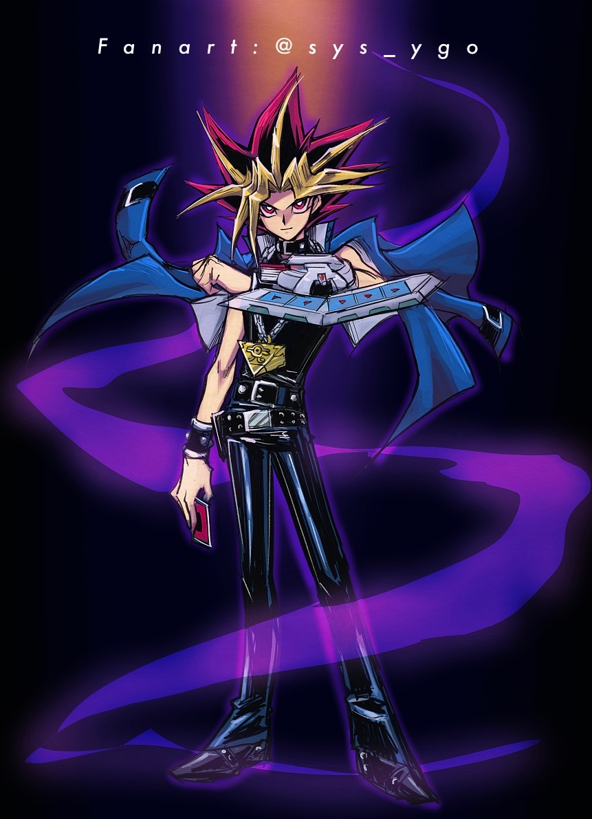1boy black_hair black_pants black_shirt blonde_hair blue_jacket card chain clenched_hand closed_mouth commentary_request duel_disk energy full_body hand_up holding holding_card jacket male_focus millennium_puzzle multicolored_hair pants shirt shoes smile solo soya_(sys_ygo) spiky_hair violet_eyes yami_yuugi yu-gi-oh! yu-gi-oh!_duel_monsters