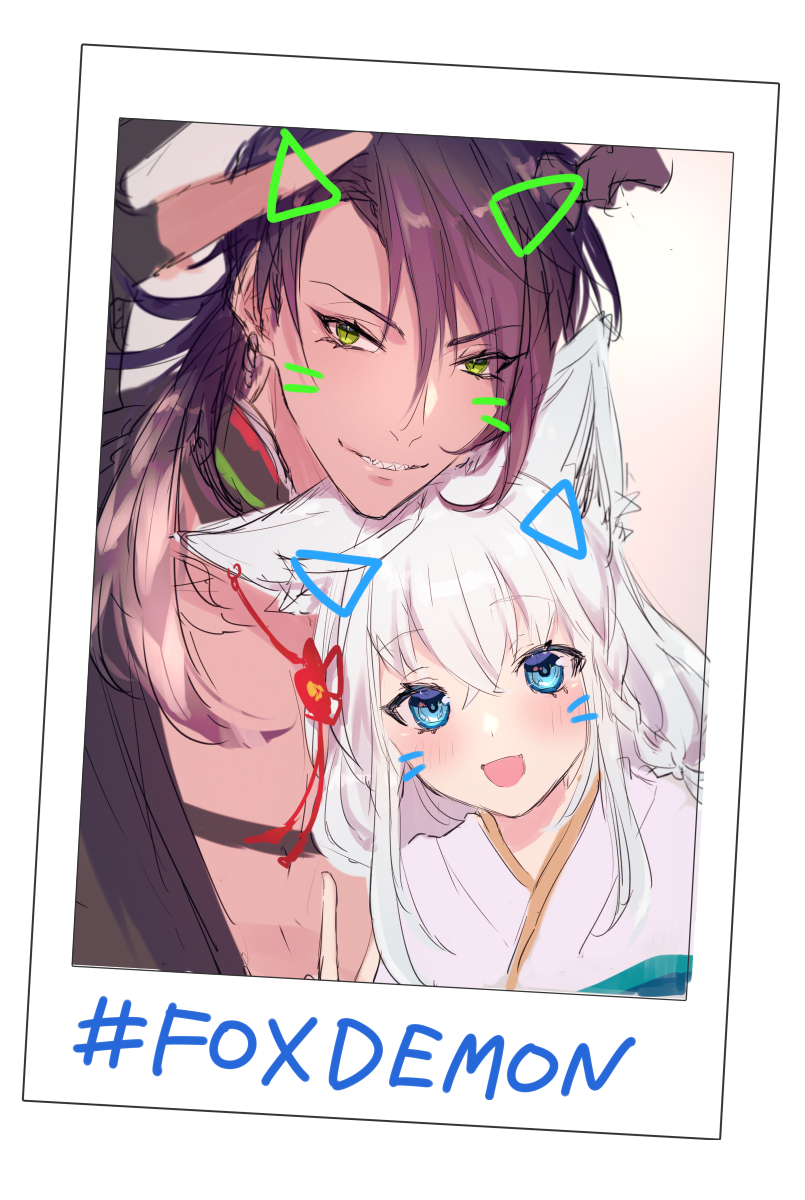 1boy ahoge animal_ears aragami_ouga black_hair dark_skin dark_skinned_male fox_ears fox_girl green_eyes hair_between_eyes highres hololive holostars jinra_(mkzk_116) long_hair looking_at_viewer multicolored_hair open_mouth photo_(object) sharp_teeth shirakami_fubuki short_hair smile tail teeth virtual_youtuber white_hair