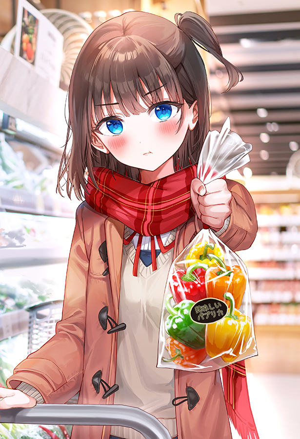 1girl bag bangs bell_pepper blue_eyes blurry blurry_background blush brown_hair brown_jacket closed_mouth food holding holding_bag indoors jacket long_sleeves looking_at_viewer medium_hair necktie original pepper pout rangu red_neckwear red_scarf scarf school_uniform shelf shop side_ponytail solo supermarket sweater uniform