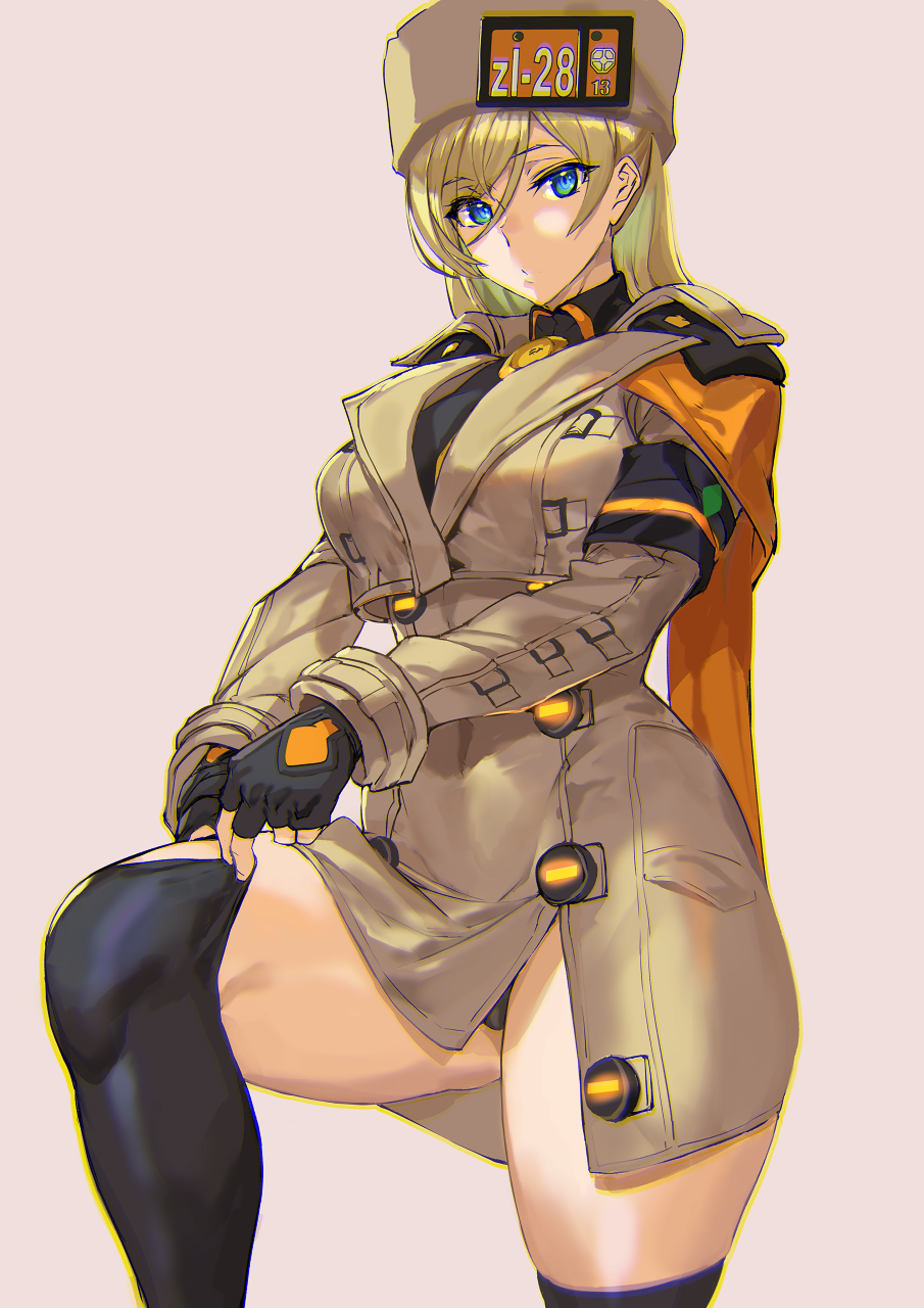 1girl alternate_legwear ashiomi_masato bangs beige_background blonde_hair blue_eyes breasts brown_coat brown_headwear coat eyebrows_visible_through_hair fingerless_gloves gloves guilty_gear guilty_gear_strive hair_between_eyes highres leg_up looking_at_viewer medium_breasts millia_rage solo thigh-highs thighhighs_pull