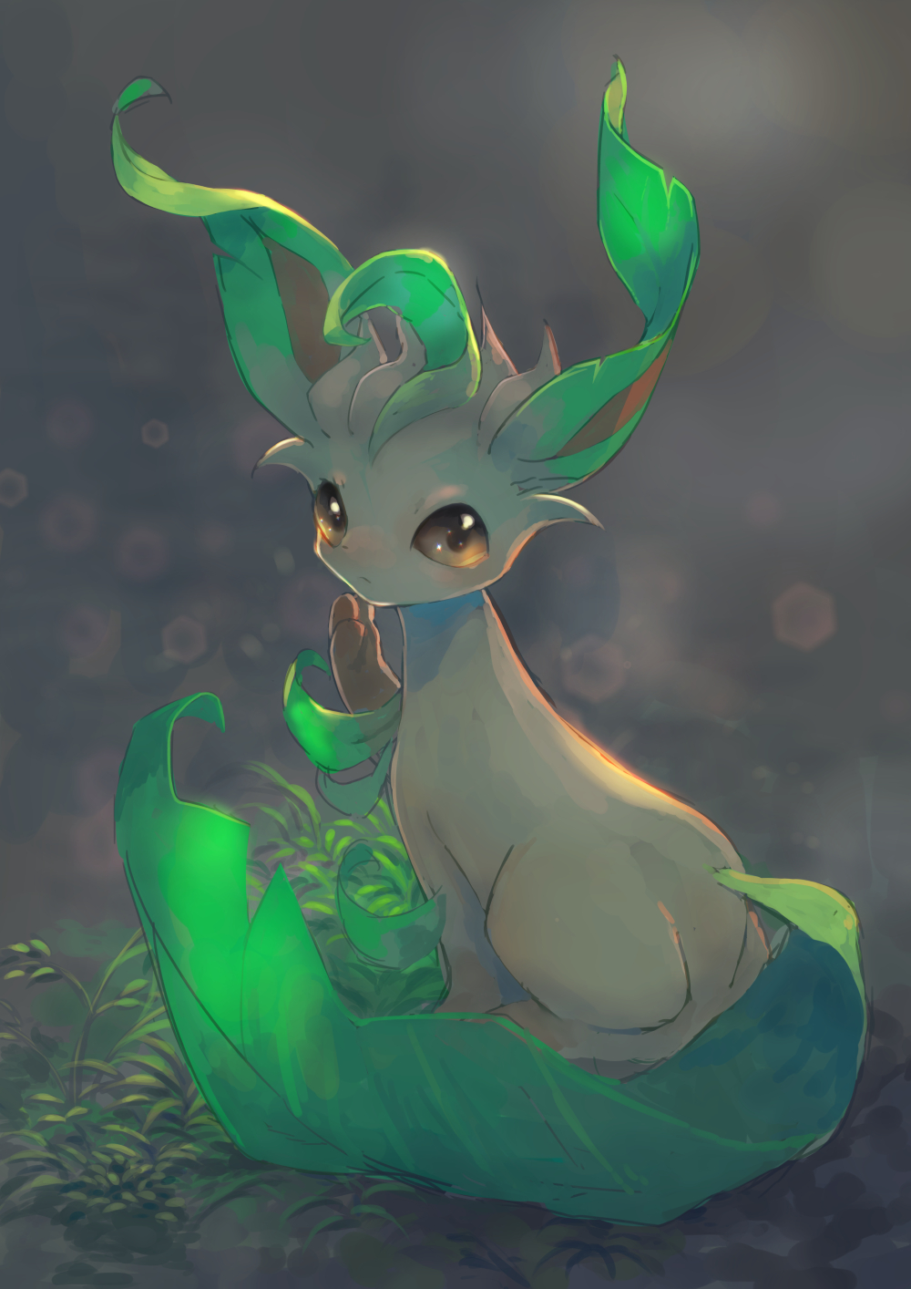 brown_eyes closed_mouth commentary full_body gen_4_pokemon grass highres kikuyoshi_(tracco) leafeon looking_at_viewer looking_back no_humans paws pokemon pokemon_(creature) solo toes