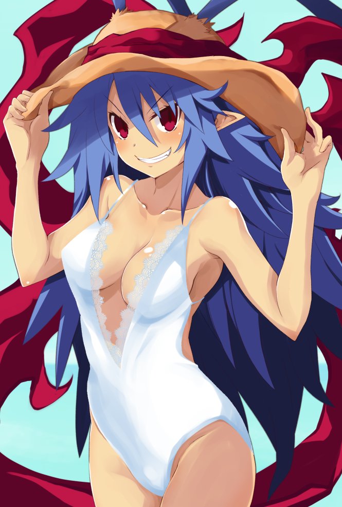 1girl ahoge blue_hair blush breasts disgaea disgaea_d2 evil_grin evil_smile eyebrows_visible_through_hair genderswap genderswap_(mtf) grin hair_through_headwear iwashi_dorobou_-r- laharl laharl-chan large_breasts long_hair looking_at_viewer navel open_mouth pointy_ears red_eyes slit_pupils smile very_long_hair