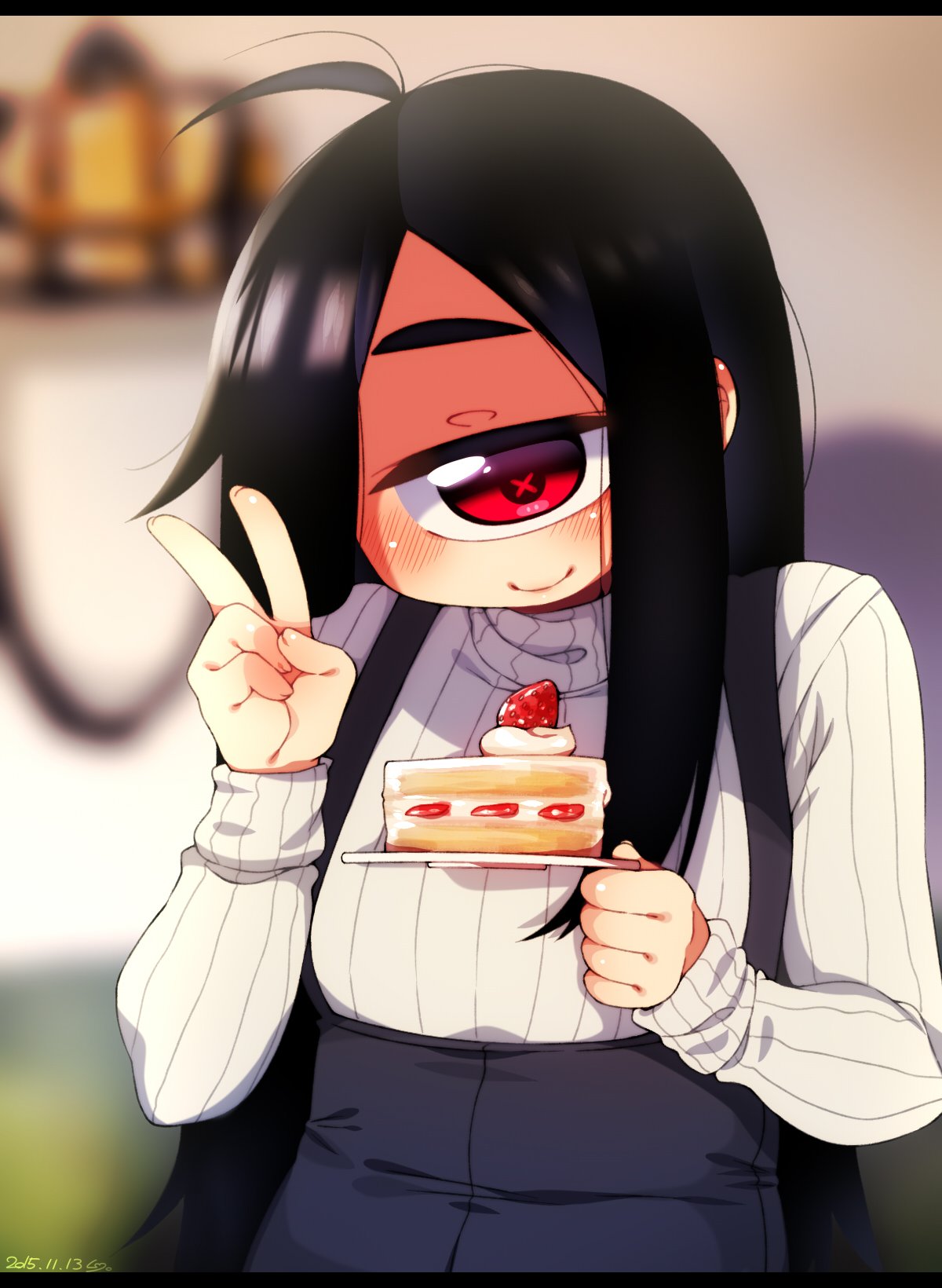 1girl ahoge black_hair blurry blurry_background blush cake cake_slice closed_mouth dated depth_of_field fingernails food fruit hand_up head_tilt high-waist_skirt highres holding letterboxed long_hair long_sleeves looking_at_viewer muku-chan_(muroku) muroku_(aimichiyo0526) original red_eyes ribbed_sweater signature skirt smile solo strawberry strawberry_shortcake suspender_skirt suspenders sweater tray v white_sweater x_x