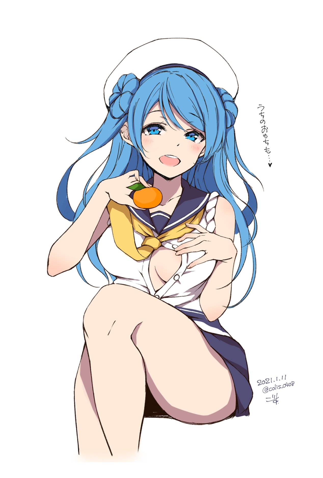 1girl blue_eyes blue_sailor_collar blue_skirt blush breasts buttons colis_(regunm772) collarbone dated double_bun eyebrows_visible_through_hair food fruit hat heart highres holding holding_food holding_fruit kantai_collection large_breasts long_hair mandarin_orange neckerchief open_mouth sailor_collar sailor_hat school_uniform serafuku signature simple_background skirt smile solo translation_request twitter_username upper_teeth urakaze_(kantai_collection) white_background white_headwear yellow_neckwear