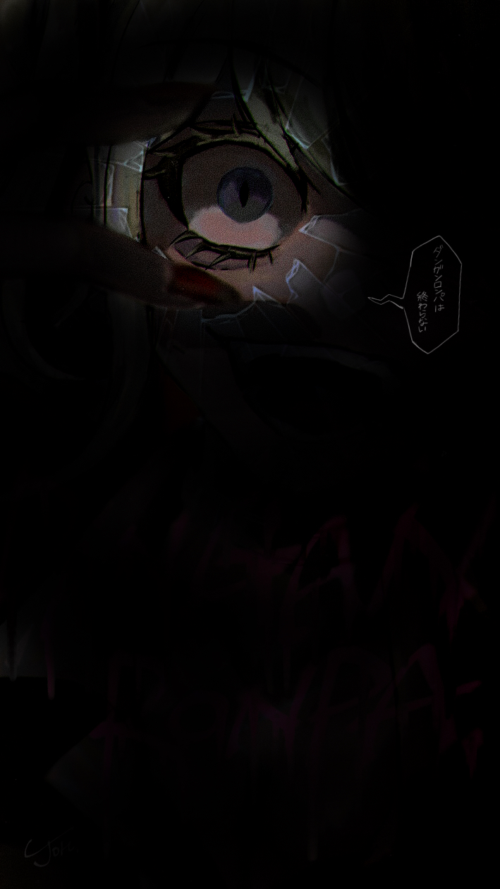 1girl bangs blonde_hair blue_eyes commentary_request dangan_ronpa:_trigger_happy_havoc dangan_ronpa_(series) dark enoshima_junko hand_up hat highres joh_pierrot long_hair looking_at_viewer red_nails signature solo speech_bubble staring translation_request