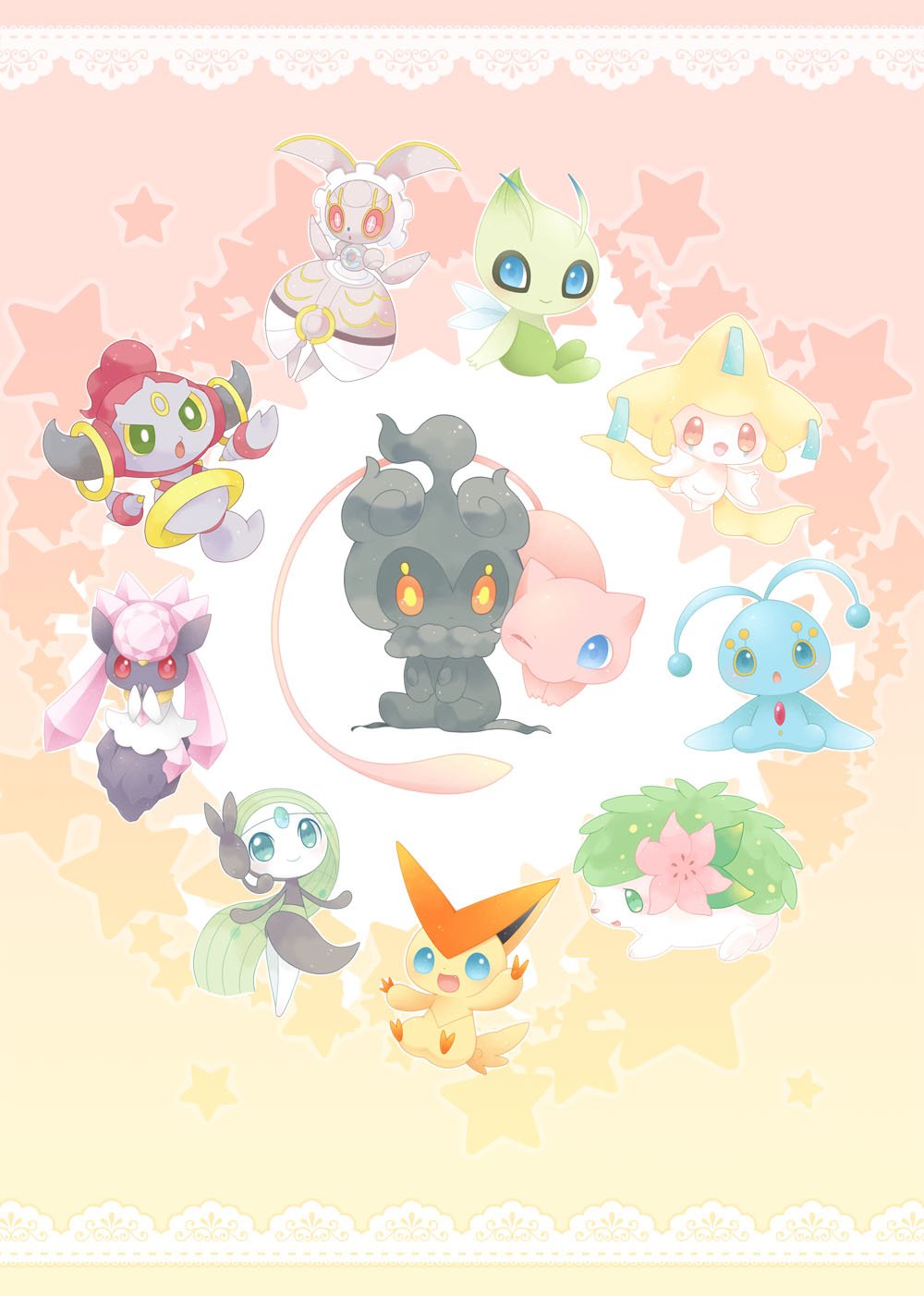 :d :o blue_eyes celebi closed_mouth commentary_request diancie floating gen_1_pokemon gen_2_pokemon gen_3_pokemon gen_4_pokemon gen_5_pokemon gen_6_pokemon gen_7_pokemon green_eyes highres hoopa hoopa_(confined) jirachi looking_at_another looking_at_viewer magearna magearna_(normal) manaphy marshadow marshadow_(gloom) meloetta meloetta_(aria) mew mitiruni mythical_pokemon no_humans one_eye_closed open_mouth pokemon pokemon_(creature) red_eyes shaymin shaymin_(land) sitting smile standing starry_background victini