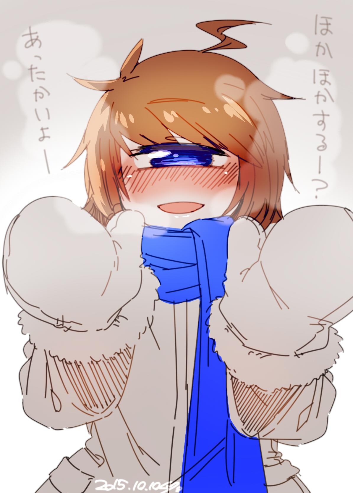 1girl :d ahoge blue_eyes blue_scarf blush breath brown_hair coat cyclops dated full-face_blush fur-trimmed_coat fur-trimmed_sleeves fur_trim hands_up highres long_sleeves looking_at_viewer medium_hair mittens muroku_(aimichiyo0526) one-eyed open_mouth original scarf signature smile solo translation_request upper_body winter_clothes winter_coat