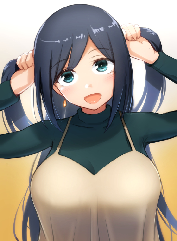 1girl beige_dress blue_eyes blue_hair breasts commentary_request gradient gradient_background green_sweater h_(hhhhhh4649) kantai_collection large_breasts long_hair looking_at_viewer official_alternate_costume smile solo souryuu_(kantai_collection) sweater turtleneck turtleneck_sweater twintails upper_body white_background yellow_background