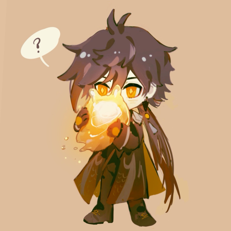 1boy ? bangs black_gloves black_hair brown_background brown_hair chibi earrings formal genshin_impact gloves hair_between_eyes jewelry long_hair long_sleeves male_focus multicolored_hair ponytail puppy_quantum seelie_(genshin_impact) simple_background single_earring solo speech_bubble suit tassel tassel_earrings yellow_eyes zhongli_(genshin_impact)