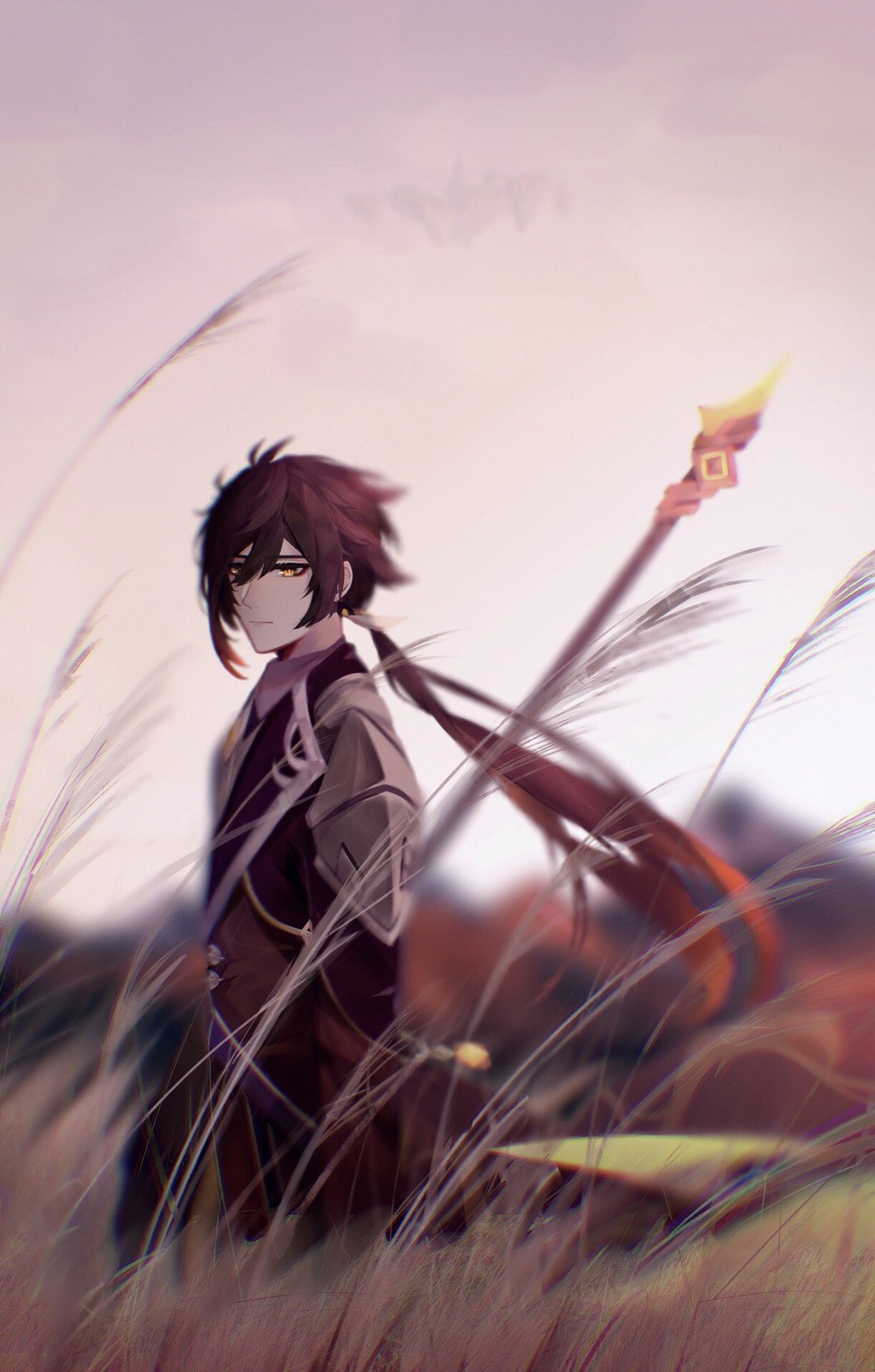 1boy bangs birdsofpasssage black_hair blurry blurry_background brown_hair closed_mouth day earrings formal genshin_impact grass hair_between_eyes hair_tie highres jacket jewelry long_hair long_sleeves looking_at_viewer male_focus mountain mountainous_horizon multicolored_hair outdoors polearm ponytail rice_paddy single_earring sky solo spear suit tassel tassel_earrings vision_(genshin_impact) weapon yellow_eyes zhongli_(genshin_impact)