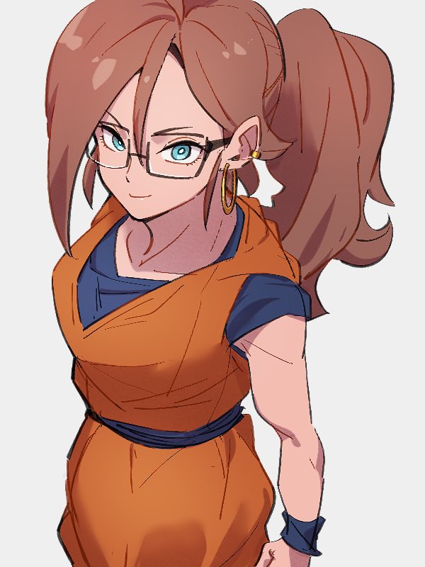 1girl android_21 blue_eyes closed_mouth cosplay dragon_ball dragon_ball_fighterz earrings glasses grey_background hoop_earrings jewelry kemachiku long_hair looking_at_viewer ponytail redhead simple_background smile solo son_goku son_goku_(cosplay)