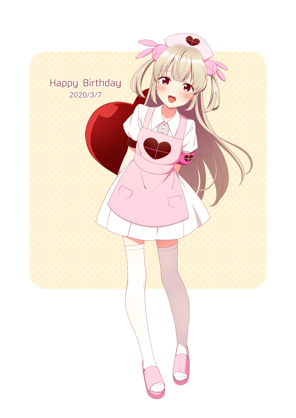 1girl :d apron armband arms_behind_back bangs blush brown_background brown_hair bunny_hair_ornament collared_shirt dated eyebrows_visible_through_hair full_body hair_ornament happy_birthday hat head_tilt heart highres kisaragi_hina long_hair looking_at_viewer natori_sana nurse_cap open_mouth pink_apron pink_footwear pink_headwear pleated_skirt polka_dot polka_dot_background puffy_short_sleeves puffy_sleeves red_eyes sana_channel shirt short_sleeves skirt slippers smile solo standing thigh-highs two-tone_background two_side_up very_long_hair virtual_youtuber white_background white_legwear white_shirt white_skirt