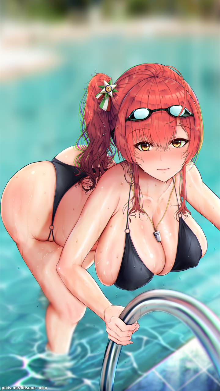 1girl ass azur_lane bad_anatomy bikini black_bikini blush breasts covered_nipples eyebrows_visible_through_hair goggles goggles_on_head highleg highleg_bikini highres italian_flag kitsune-neko large_breasts leaning_forward long_hair looking_at_viewer multi-strapped_bikini multiple_straps o-ring o-ring_bikini pool pool_ladder poolside redhead shiny shiny_skin side_ponytail skindentation solo swimsuit swimwear water wet whistle whistle_around_neck yellow_eyes zara_(azur_lane) zara_(poolside_coincidence)_(azur_lane)