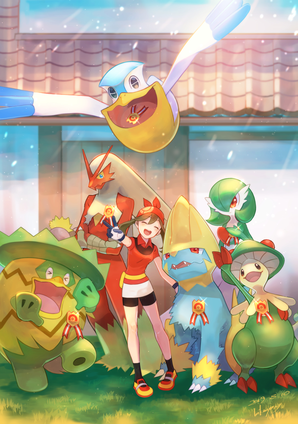 1girl bangs bike_shorts blaziken breloom brown_hair collared_shirt dated fanny_pack gardevoir gen_3_pokemon gloves grass highres kikuyoshi_(tracco) knees ludicolo manectric may_(pokemon) medal mixed-language_commentary open_mouth outdoors pelipper pigeon-toed pokemon pokemon_(creature) pokemon_(game) pokemon_rse red_bandana red_shirt shirt short_sleeves signature skirt smile standing tongue v white_skirt