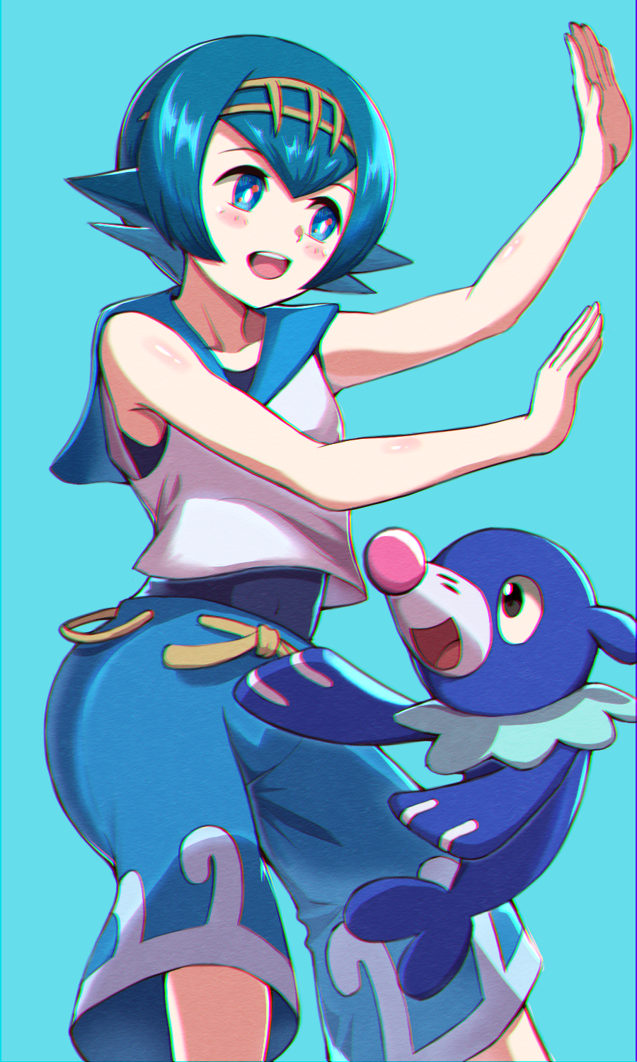 1girl :d asada_yo bangs blue_background blue_eyes blue_hair blue_pants blue_sailor_collar blush collared_shirt gen_7_pokemon hair_between_eyes hairband highres lana_(pokemon) open_mouth pants pokemon pokemon_(anime) pokemon_(creature) pokemon_sm_(anime) popplio sailor_collar sailor_shirt shiny shiny_hair shiny_skin shirt short_hair simple_background sleeveless sleeveless_shirt smile solo standing starter_pokemon white_shirt