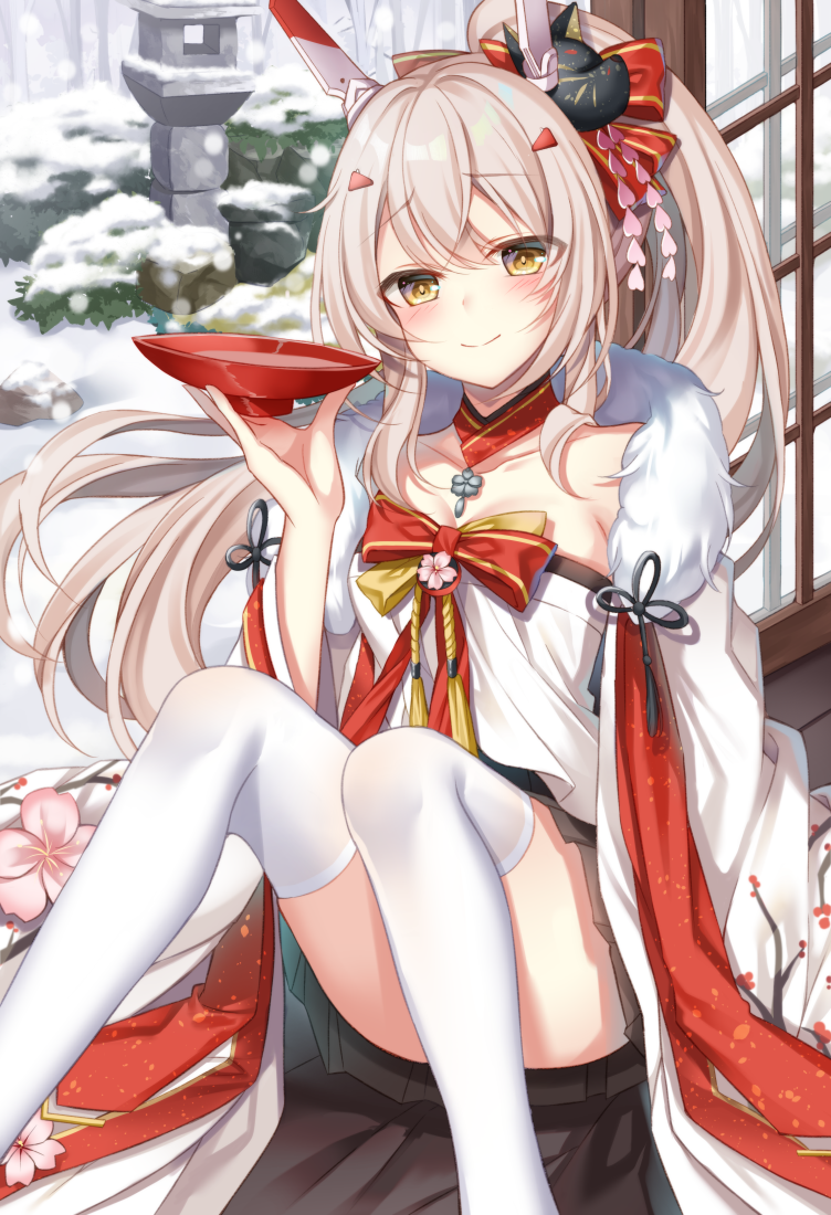 1girl alcohol ayanami_(azur_lane) ayanami_(pulse_of_the_new_year)_(azur_lane) azur_lane bangs breasts bush closed_mouth collarbone commentary_request crossed_bangs cup fox_mask fur-trimmed_kimono fur_trim hair_between_eyes hair_ornament hair_ribbon head_tilt japanese_clothes kanzashi kimono long_hair long_ponytail looking_at_viewer mask mask_on_head platinum_blonde_hair red_ribbon ribbon sakazuki sake shouji sidelocks sitting sliding_doors small_breasts smile snow snowing solo stone_lantern sugisaki_yuu thigh-highs veranda white_kimono white_legwear wooden_floor yellow_eyes