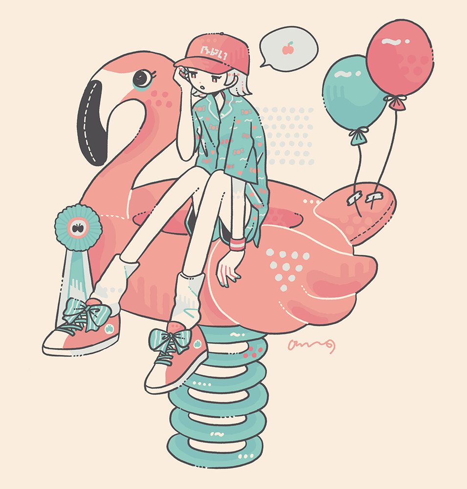 1girl aqua_shirt aqua_shorts balloon baseball_cap bird flamingo hand_up hat knees_up limited_palette omura06 original pink_footwear pink_headwear shirt shoes short_hair short_sleeves shorts sitting solo speech_bubble white_hair wide_shot