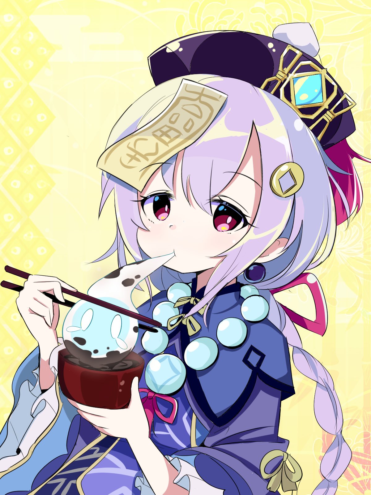 1girl bead_necklace beads blush braid chopsticks coin coin_hair_ornament earrings eating eyebrows_visible_through_hair food_request genshin_impact hair_between_eyes harakune_(mugennero) hat highres jewelry long_sleeves looking_at_viewer necklace purple_hair purple_headwear qing_guanmao qiqi simple_background sleeves_past_wrists talisman tassel violet_eyes wide_sleeves