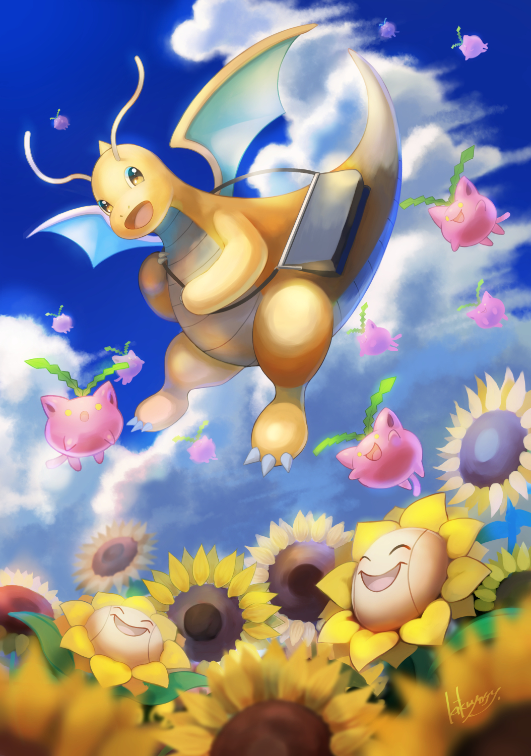 bag blurry brown_eyes claws clouds commentary_request day dragonite flower from_below gen_1_pokemon gen_2_pokemon highres hoppip kikuyoshi_(tracco) open_mouth outdoors pokemon pokemon_(creature) shoulder_bag signature sky smile sunflora sunflower tongue