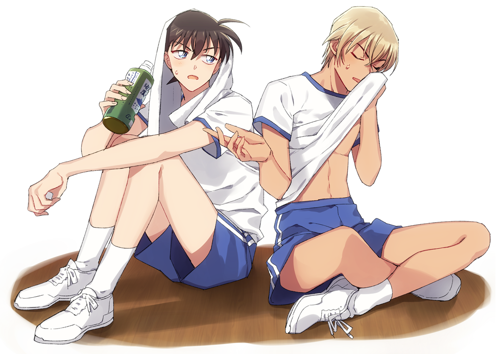 2boys amuro_tooru bangs blonde_hair blue_eyes blue_shorts bottle brown_hair closed_eyes commentary_request gym_shirt gym_shorts hair_between_eyes holding holding_bottle indian_style k_gear_labo kudou_shin'ichi lifted_by_self looking_at_another male_focus meitantei_conan multiple_boys open_mouth shirt shirt_lift shoes short_hair short_sleeves shorts simple_background sitting sneakers socks sweatdrop toned toned_male water_bottle what_if white_background white_footwear white_legwear white_shirt wiping_face