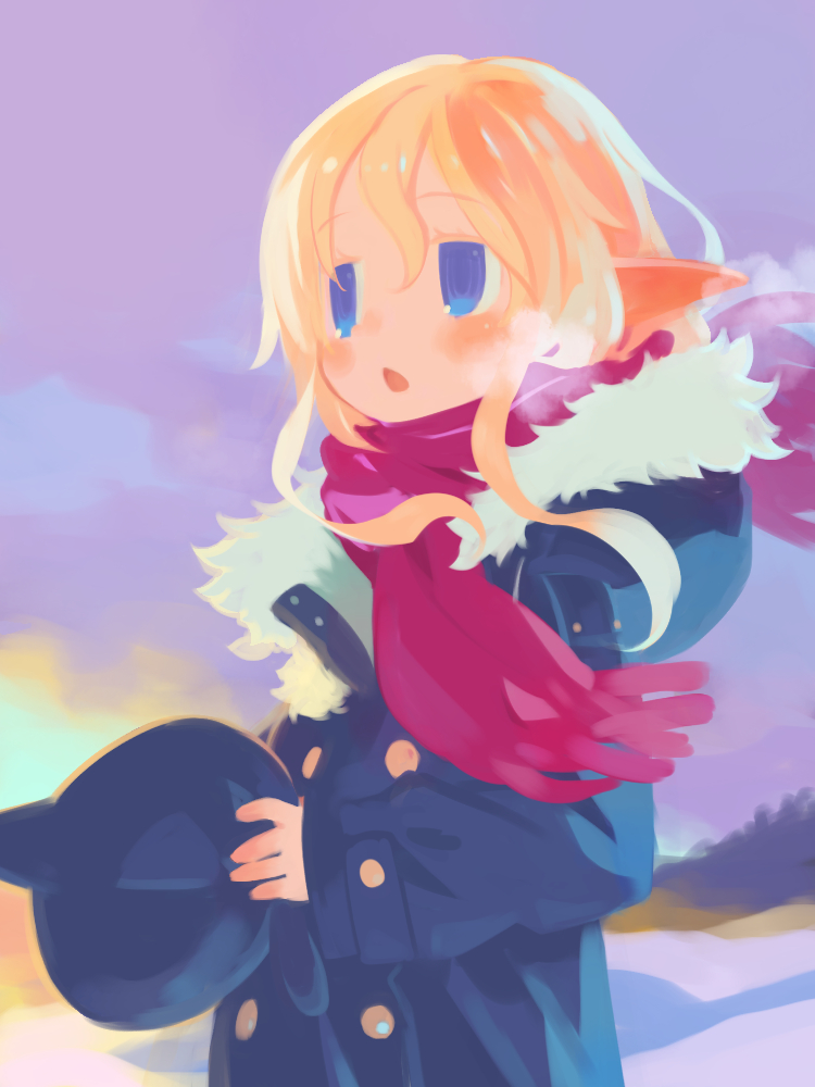 1girl bangs blonde_hair blue_coat blue_eyes blush breath coat fur-trimmed_coat fur_trim harada_takehito hat holding holding_clothes holding_hat hooded_coat long_sleeves open_mouth original outdoors pointy_ears red_scarf scarf short_hair_with_long_locks sidelocks sky solo winter winter_clothes
