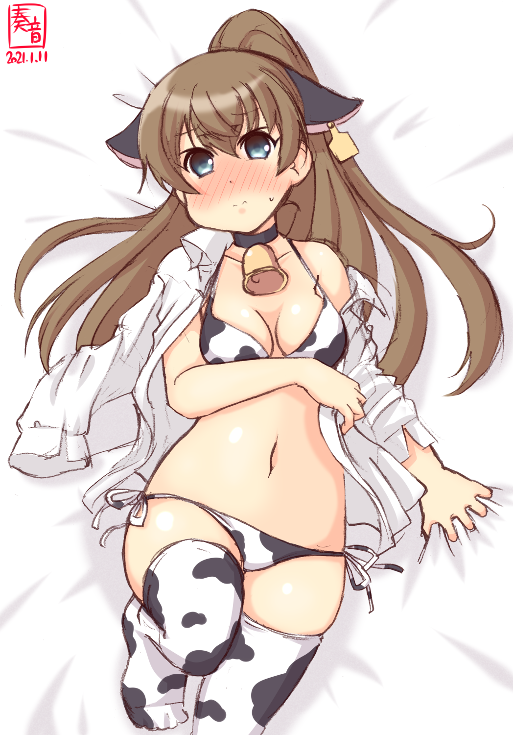 1girl alternate_costume animal_ears animal_print artist_logo bangs bed_sheet bell bell_choker bikini black_choker blue_eyes blush breasts brown_hair choker collarbone collared_shirt commentary_request cow_ears cow_print cowbell dated dress_shirt eyebrows_visible_through_hair highres kanon_(kurogane_knights) kantai_collection kumano_(kantai_collection) long_hair long_sleeves looking_at_viewer lying medium_breasts navel on_back open_clothes open_shirt ponytail print_bikini print_legwear revision sheet_grab shirt solo stomach sweat swimsuit thigh-highs white_shirt