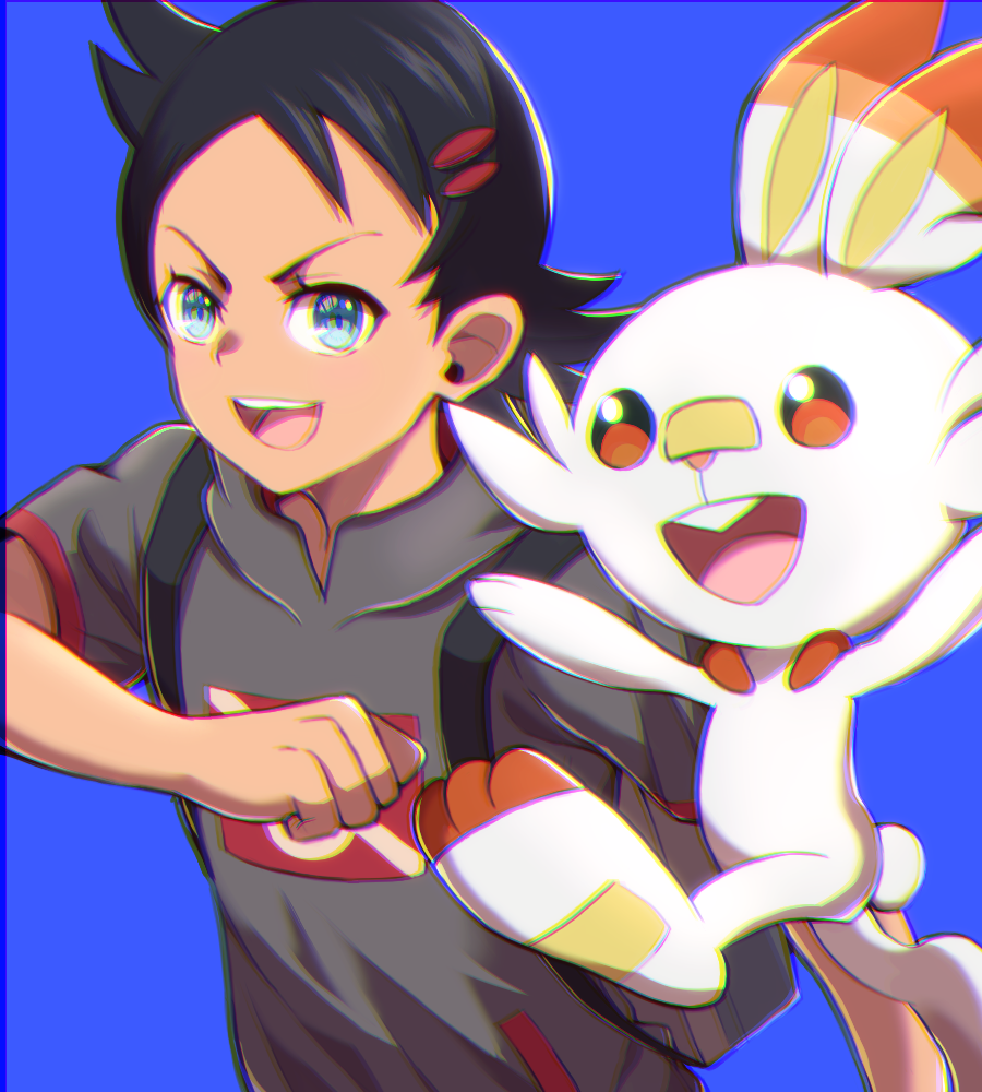 1boy :d asada_yo black_hair blue_background blue_eyes gen_8_pokemon goh_(pokemon) grey_shirt hair_ornament hairclip male_focus open_mouth pokemon pokemon_(anime) pokemon_(creature) pokemon_swsh_(anime) scorbunny shiny shiny_hair shirt short_hair short_sleeves simple_background smile solo starter_pokemon upper_body