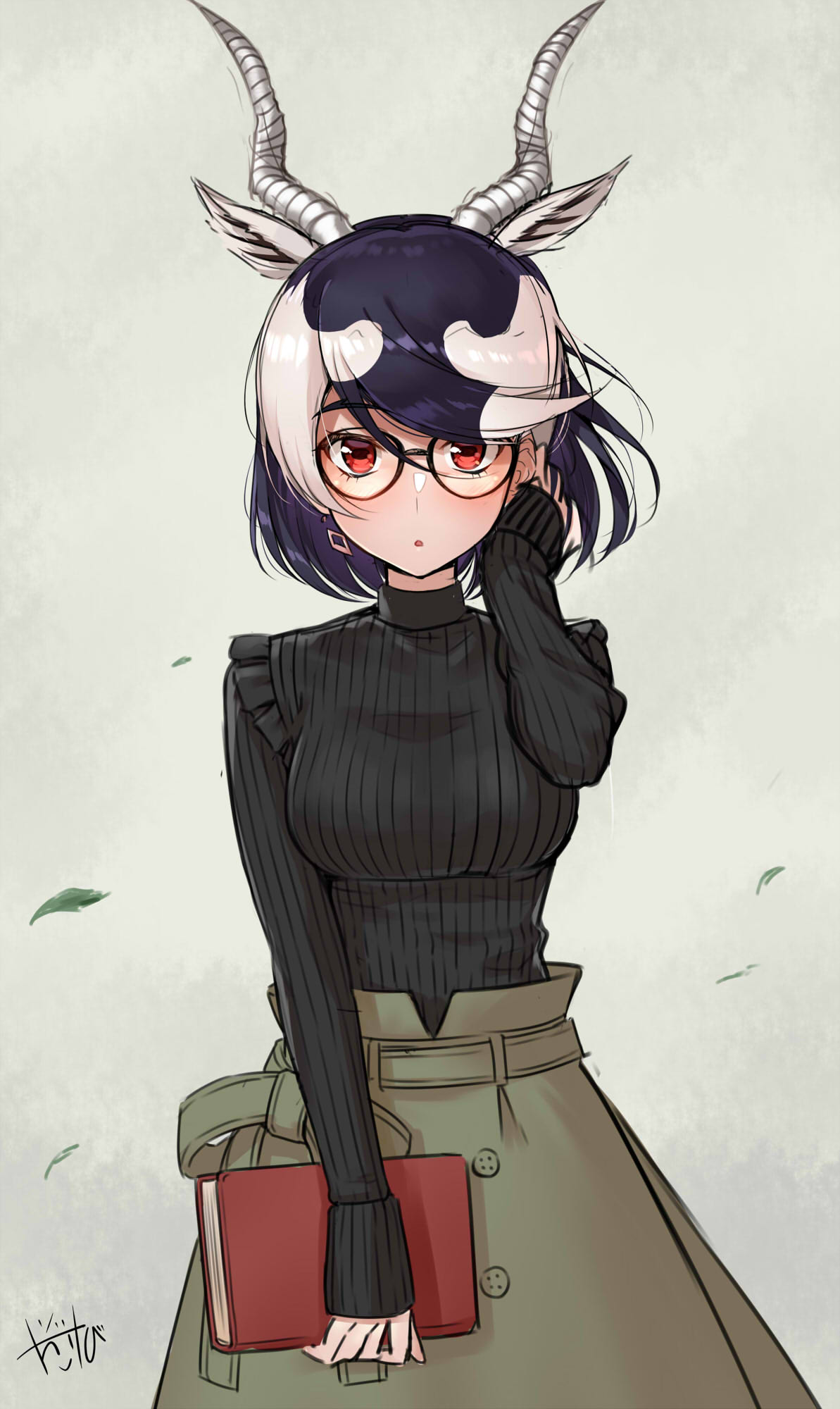 alternate_costume antelope_ears antelope_horns black_hair black_sweater blackbuck_(kemono_friends) blush book casual commentary_request cowboy_shot extra_ears glasses green_skirt hand_in_hair high-waist_skirt highres kemono_friends kemono_friends_3 long_sleeves looking_at_viewer multicolored_hair red_eyes short_hair skirt sweater takebi turtleneck turtleneck_sweater two-tone_hair white_hair