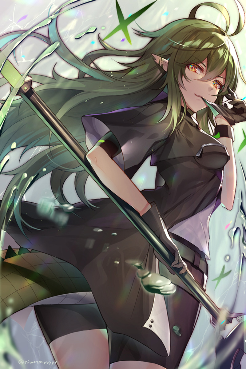1girl adjusting_clothes adjusting_gloves antenna_hair arknights arm_up bangs belt biting black_dress black_gloves breasts commentary_request crocodilian crocodilian_tail dress from_side gavial_(arknights) glove_biting gloves green_hair grey_shorts hair_between_eyes highres holding holding_staff jacket long_hair looking_at_viewer medium_breasts niwatoryyyyyy originium_arts_(arknights) pointy_ears ribbed_legwear shirt shorts sidelocks solo staff tail white_shirt yellow_eyes