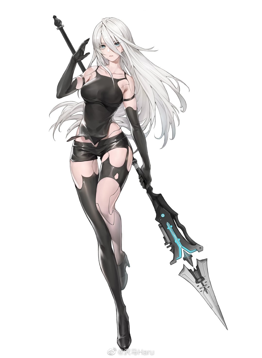 1girl black_gloves blue_eyes breasts bright_pupils elbow_gloves expressionless gloves hair_between_eyes high_heels highres large_breasts long_hair looking_at_viewer mole mole_under_mouth nier_(series) nier_automata official_art pelvic_curtain polearm punishing:_gray_raven short_shorts shorts silver_hair simple_background single_thighhigh solo standing standing_on_one_leg thigh-highs very_long_hair weapon weibo_username white_background white_pupils yorha_type_a_no._2 zema_haru