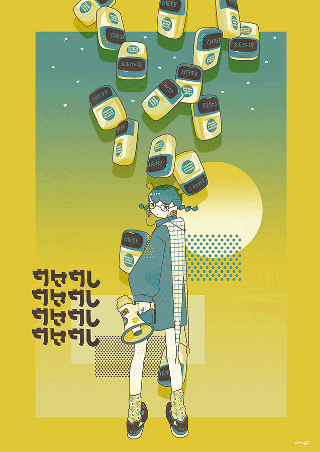 1girl black_footwear circle earrings floating floral_print flower from_behind jewelry limited_palette looking_back megaphone object_request omura06 original print_legwear shoes socks solo standing wide_shot yellow_flower