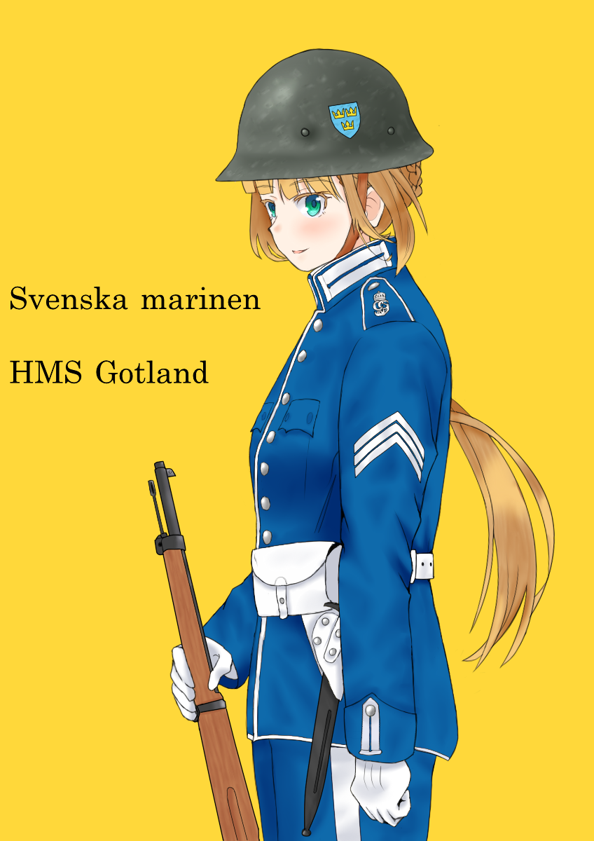 aqua_eyes belt belt_pouch blonde_hair blue_headwear blue_jacket blue_pants braid breast_pocket buttons closed_mouth collared_jacket commentary_request gloves gotland_(warship_girls_r) gun hat helmet highres holding holding_weapon insignia jacket knife long_hair looking_to_the_side military military_uniform outline pants pocket ponytail pouch rifle shoulder_strap simple_background smile strap swedish_text swedish_uniform tre_kronor uniform warship_girls_r weapon white_belt white_gloves white_trim whiterose_tavern yellow_background