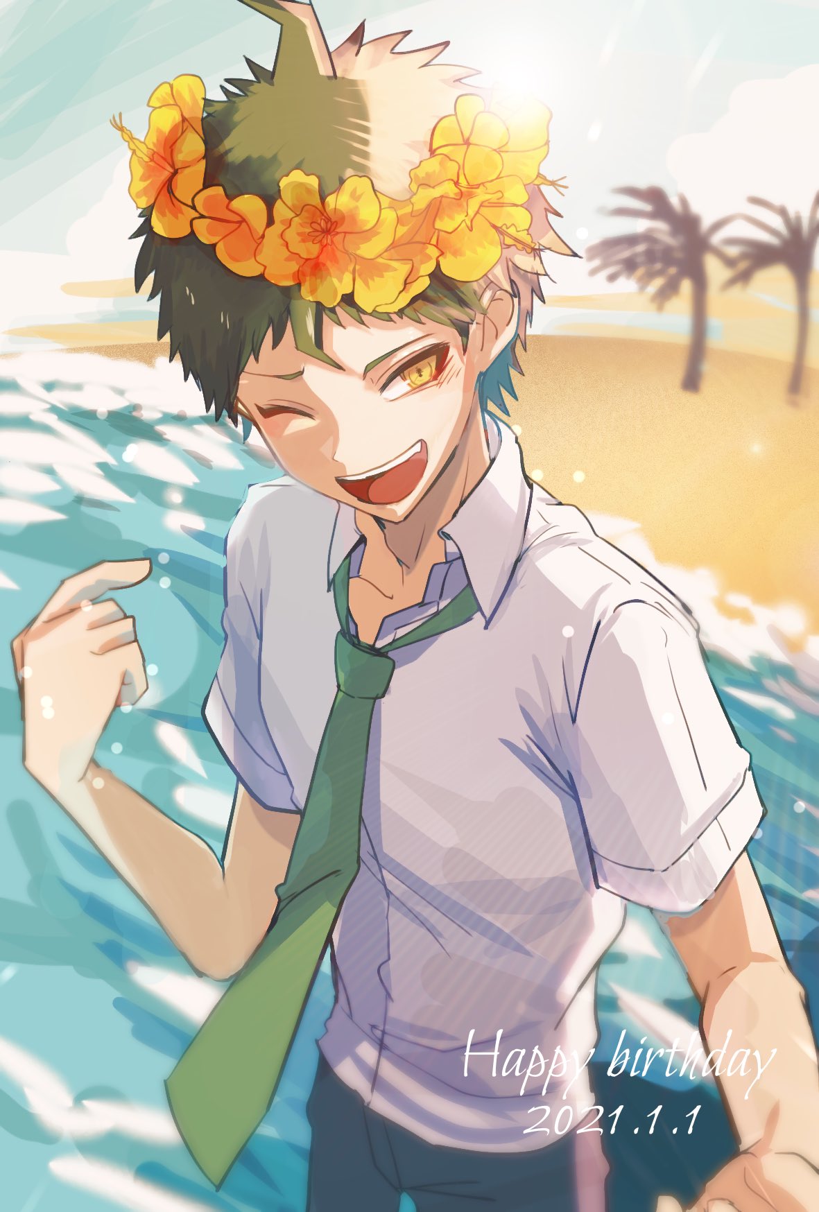 1boy ;d ahoge bangs beach brown_eyes brown_hair buwei_(ironypot) collarbone collared_shirt cowboy_shot dangan_ronpa_(series) dangan_ronpa_2:_goodbye_despair dated flower green_neckwear hair_flower hair_ornament happy_birthday head_wreath highres hinata_hajime looking_at_viewer male_focus necktie ocean one_eye_closed open_mouth orange_flower palm_tree pants pointing pointing_at_self shiny shiny_hair shirt short_hair short_sleeves smile solo symbol_commentary tree upper_teeth water white_shirt