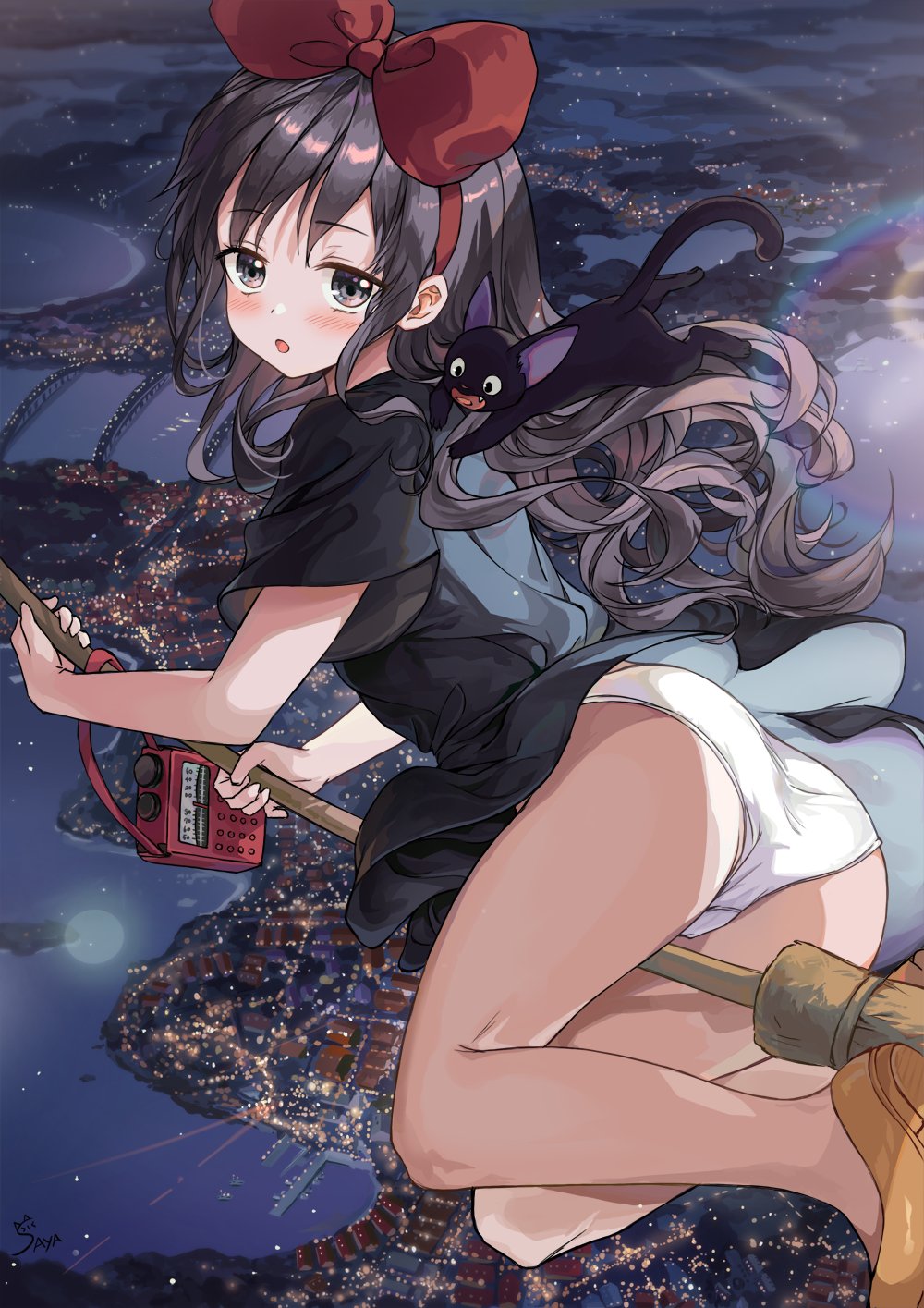 1girl :o ass bangs black_dress black_eyes black_hair broom broom_riding brown_footwear cat city dress eyebrows_visible_through_hair flying hairband highres jiji_(majo_no_takkyuubin) kiki legs long_hair looking_at_viewer majo_no_takkyuubin panties red_hairband saya_(mychristian2) shoes short_sleeves underwear white_panties