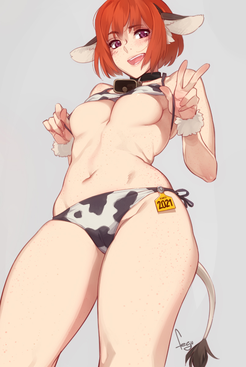 1girl :d animal_ears animal_print bell bell_collar bikini breasts collar cow_ears cow_print cow_tail fake_animal_ears feguimel freckles grey_background highres looking_at_viewer navel open_mouth orange_hair original short_hair simple_background smile solo swimsuit tail teeth under_boob v violet_eyes