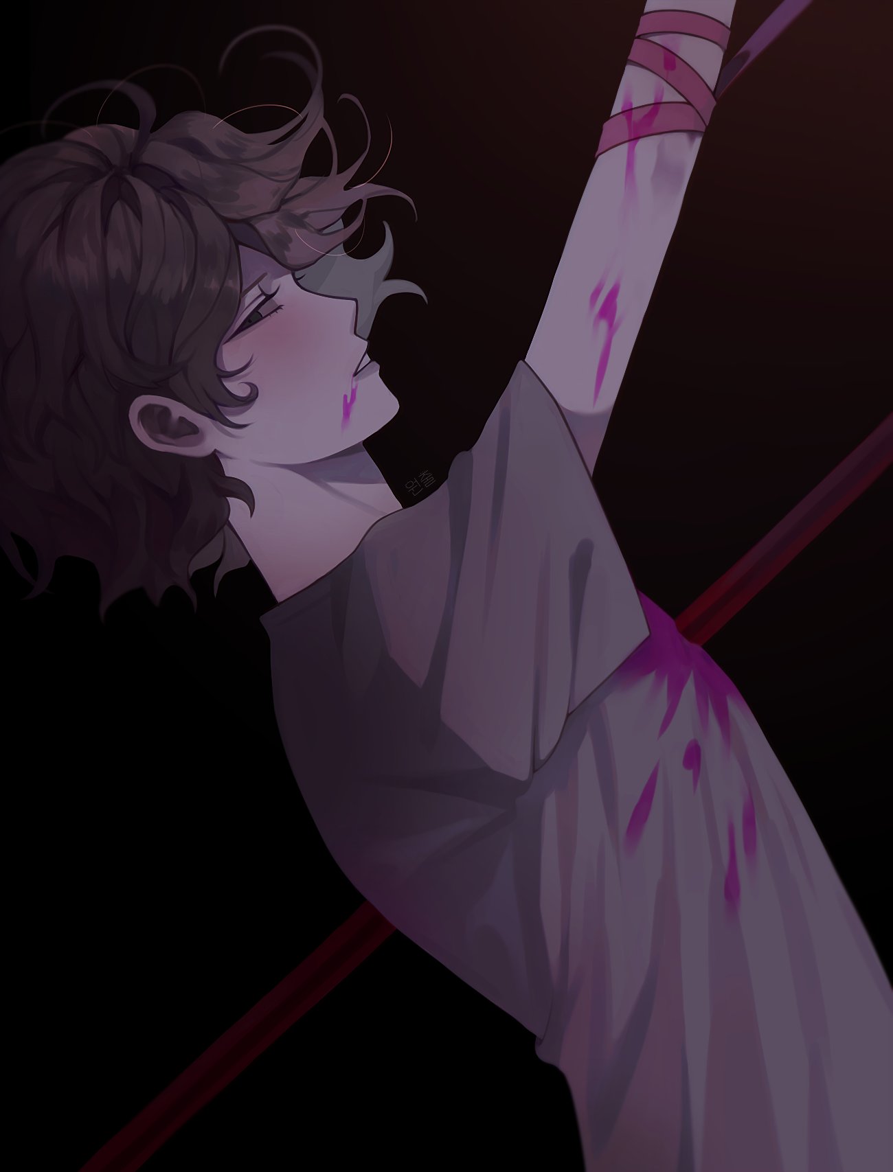 arm_up bangs blood blood_on_face bloody_clothes brown_hair commentary_request dangan_ronpa_(series) dangan_ronpa_2:_goodbye_despair from_side grin half-closed_eye highres impaled komaeda_nagito looking_to_the_side looking_up male_focus messy_hair pink_blood polearm profile shirt short_sleeves sideways_glance smile solo spear spoilers teeth translation_request upper_body weapon wonchul