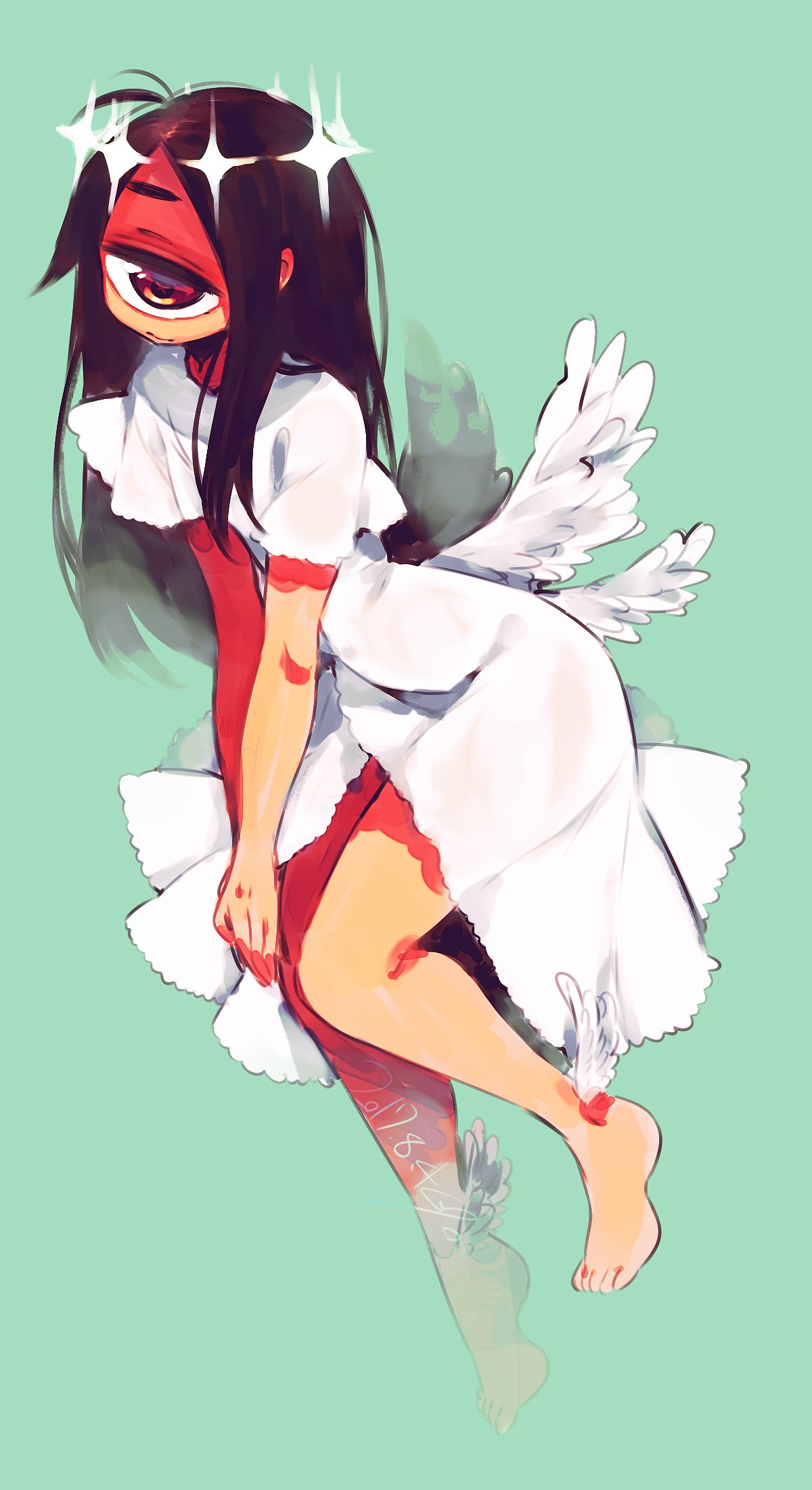 1girl angel angel_wings black_hair closed_mouth cyclops dated dress feathered_wings foot_wings full_body green_background halo highres long_hair looking_at_viewer muku-chan_(muroku) multiple_wings muroku_(aimichiyo0526) one-eyed original red_eyes short_sleeves signature simple_background smile solo white_dress white_wings wings