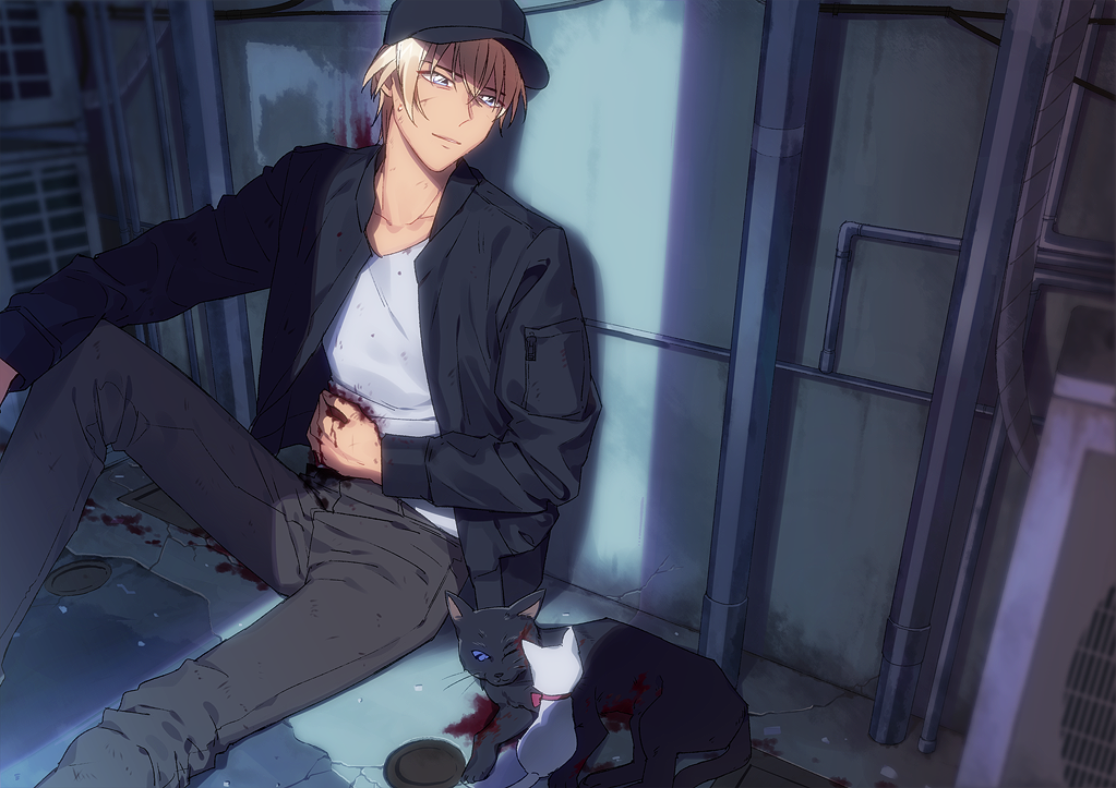 1boy amuro_tooru animal bangs baseball_cap black_cat black_headwear black_jacket bleeding blonde_hair blood blood_on_ground blood_on_wall bloody_clothes blue_eyes cat collarbone commentary_request deep_wound grey_pants hair_between_eyes hand_on_own_stomach hat injury jacket k_gear_labo long_sleeves looking_at_another looking_down looking_to_the_side male_focus meitantei_conan one_eye_closed open_clothes open_jacket pants shadow shirt short_hair sitting solo sweat white_cat white_shirt