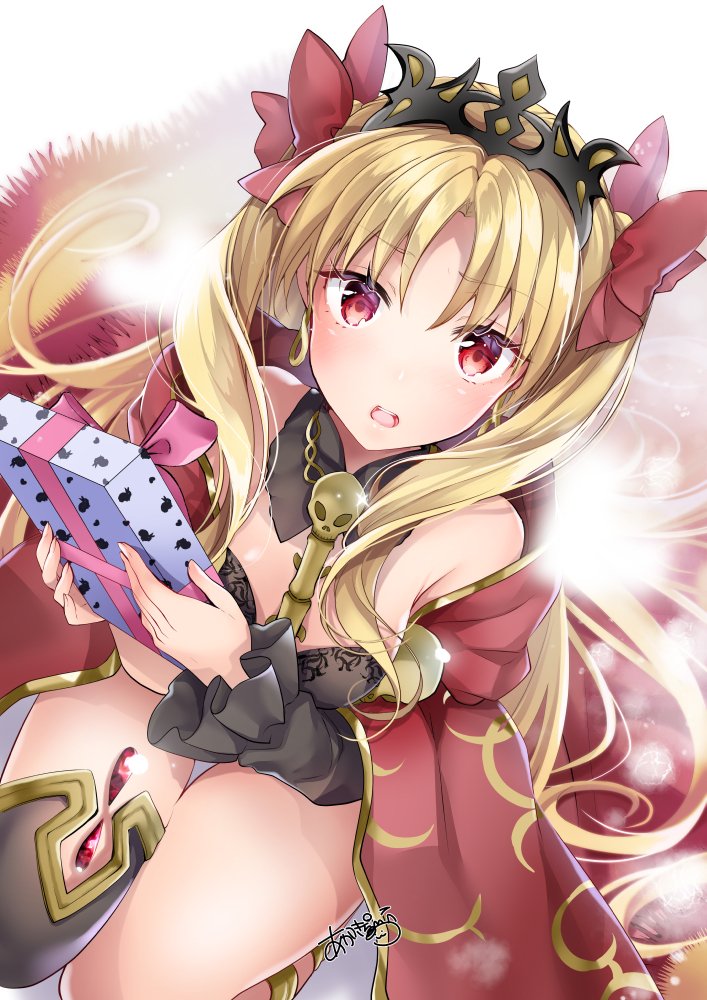 1girl akatsuki_hijiri blonde_hair blush breasts dutch_angle earrings ereshkigal_(fate/grand_order) eyebrows_visible_through_hair fate/grand_order fate_(series) gift hair_ribbon jewelry looking_at_viewer open_mouth red_eyes red_ribbon ribbon single_thighhigh small_breasts solo thigh-highs tiara