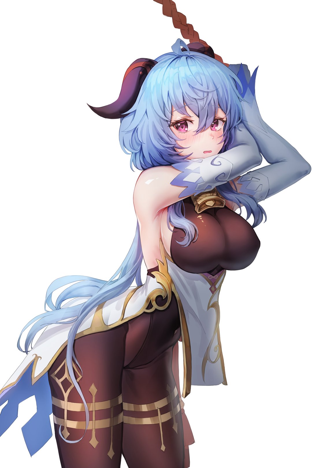 1girl ahoge armpits arms_up bare_shoulders bell blue_hair breasts brown_legwear brown_leotard covered_nipples cowbell cowboy_shot dano detached_sleeves ganyu_(genshin_impact) genshin_impact goat_horns gold_trim highleg highleg_leotard highres horns large_breasts leaning_forward leotard long_hair long_sleeves looking_at_viewer low_ponytail open_mouth pantyhose pelvic_curtain pink_eyes solo standing thighlet very_long_hair waist_cape