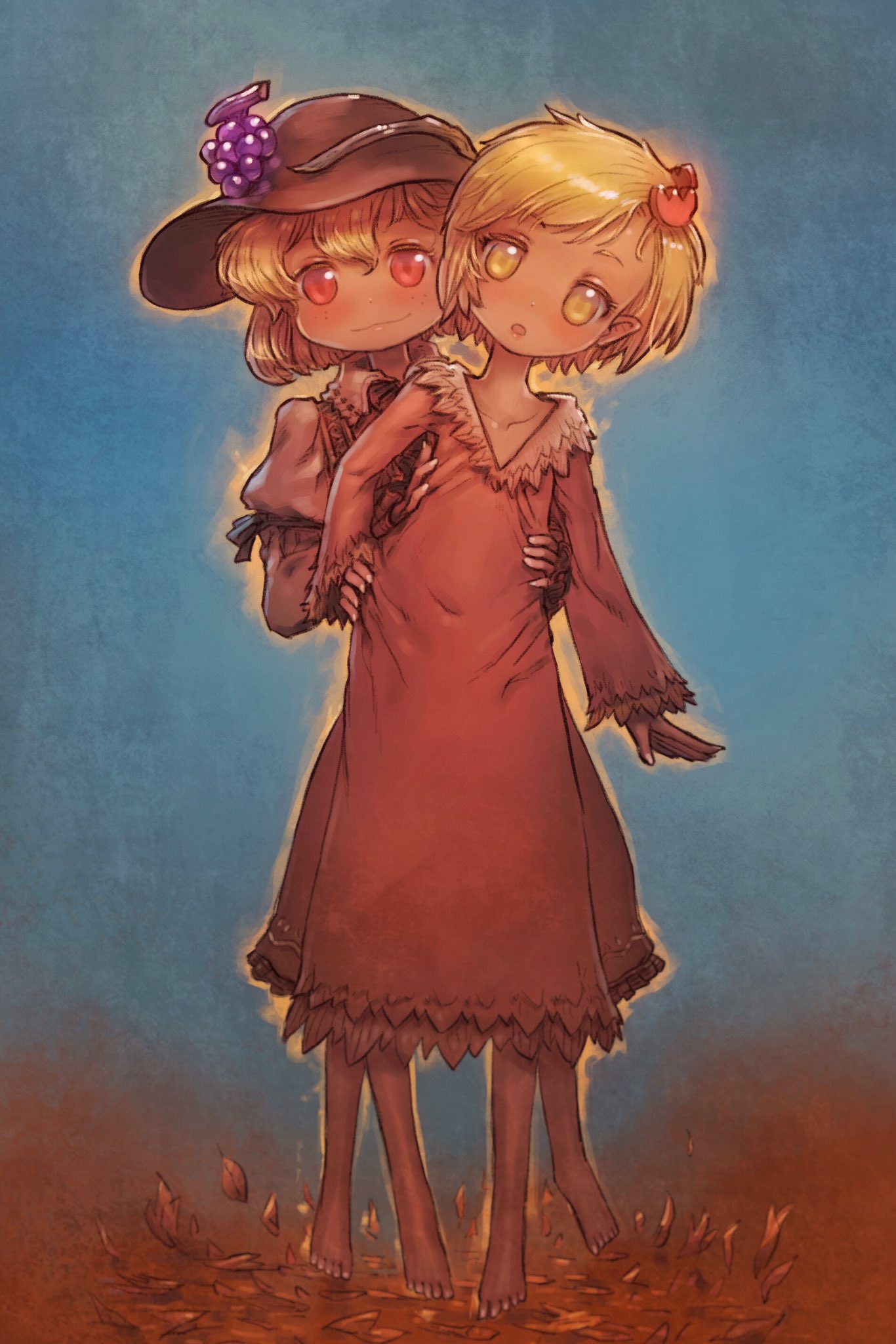 2girls :o aki_minoriko aki_shizuha bare_shoulders blonde_hair blue_background brown_headwear closed_mouth dress flat_chest food fruit full_body grapes hair_ornament hat head_tilt highres leaf_hair_ornament long_sleeves looking_at_viewer multiple_girls pointy_ears red_dress red_eyes short_hair siblings sisters smile standing touhou yellow_eyes yst