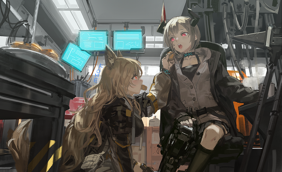 2girls animal_ears arknights black_coat black_legwear black_tank_top blush breasts cable ceobe_(arknights) chair coat commentary cup demon_horns dog_ears dog_tail feeding frischenq grey_vest hammer horns indoors infection_monitor_(arknights) kneehighs light_brown_hair long_hair looking_at_another mechanical_leg medium_breasts monitor mouth_hold multiple_girls open_mouth oripathy_lesion_(arknights) profile prosthesis prosthetic_leg red_eyes short_hair single_kneehigh sitting sledgehammer small_breasts steam tail tank_top vest vulcan_(arknights) wavy_hair