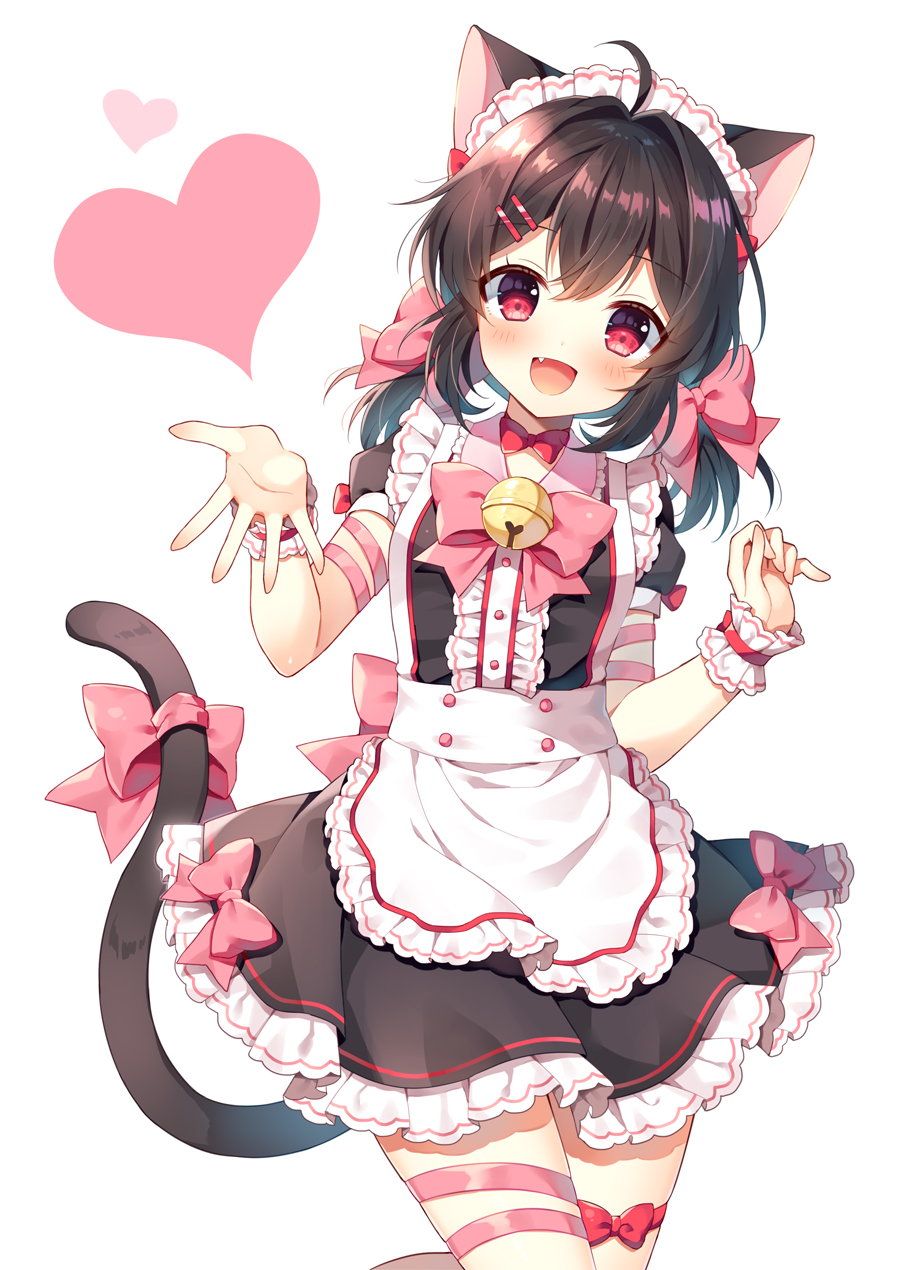 1girl :d ahoge animal_ears apron bangs bell black_dress black_hair blush bow cat_ears cat_girl cat_tail center_frills commentary_request dress fang frilled_apron frilled_dress frills hair_between_eyes hair_bow hair_intakes hair_ornament hairclip hands_up heart highres jingle_bell long_hair looking_at_viewer low_twintails maid maid_headdress mauve medium_hair open_mouth original pink_bow pink_ribbon red_eyes ribbon short_sleeves simple_background smile solo tail tail_bow tail_ornament thigh_ribbon twintails waist_apron white_apron white_background wrist_cuffs