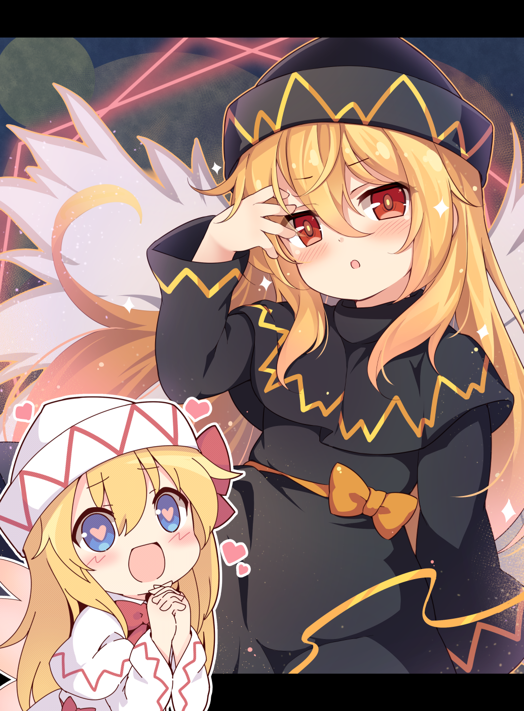 2girls baku-p black_capelet black_dress black_headwear blonde_hair blue_eyes blush bow capelet commentary_request dress dual_persona fairy_wings hair_between_eyes hat heart heart-shaped_pupils highres lily_black lily_white long_hair long_sleeves looking_at_viewer multiple_girls open_mouth orange_bow own_hands_together red_eyes smile symbol-shaped_pupils touhou white_capelet white_dress white_headwear wings